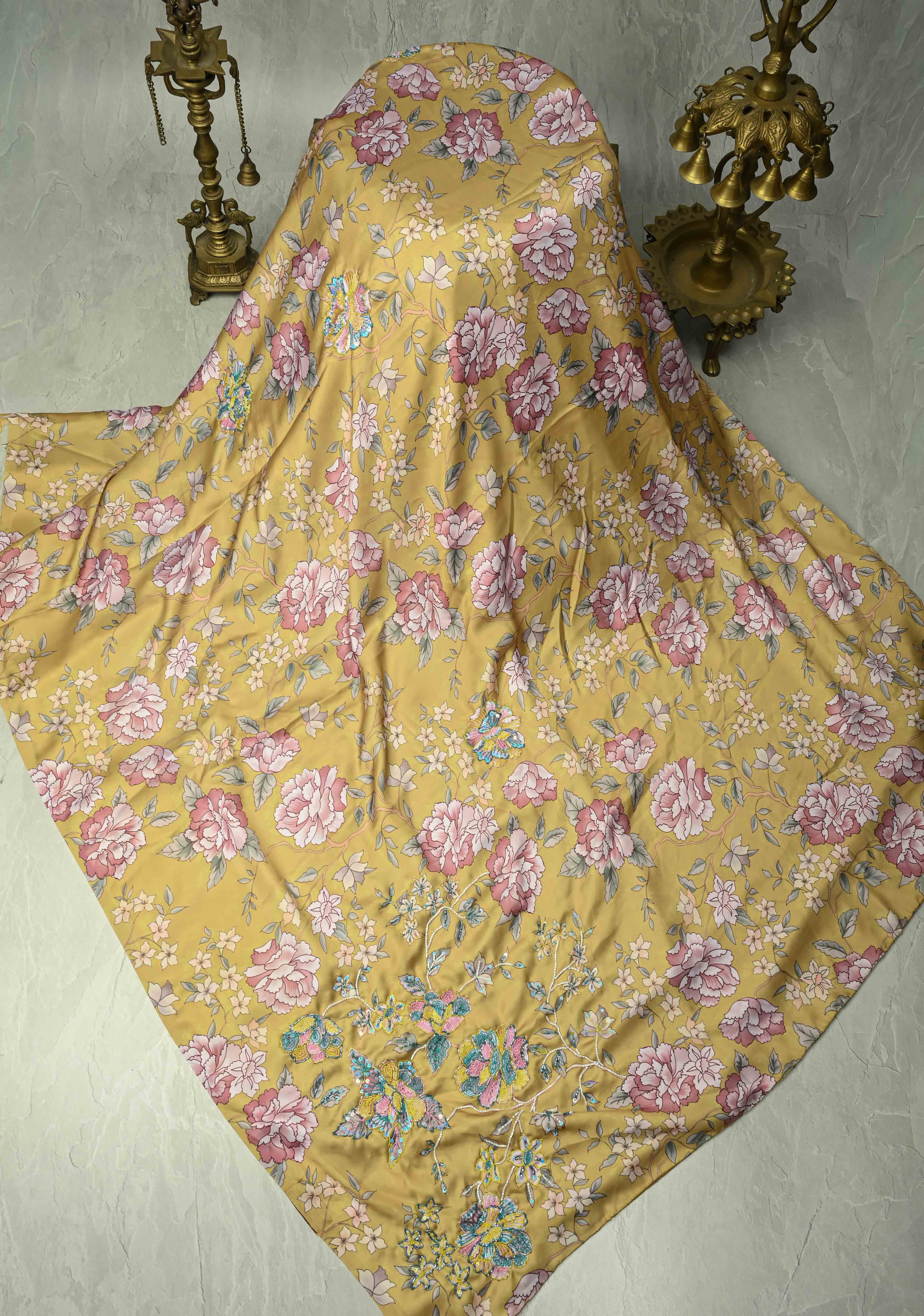 Matte Yellow Satin Silk Saree with Floral digital Print, Sequins, Cutdana and Hand Embroidery | Shobitam
