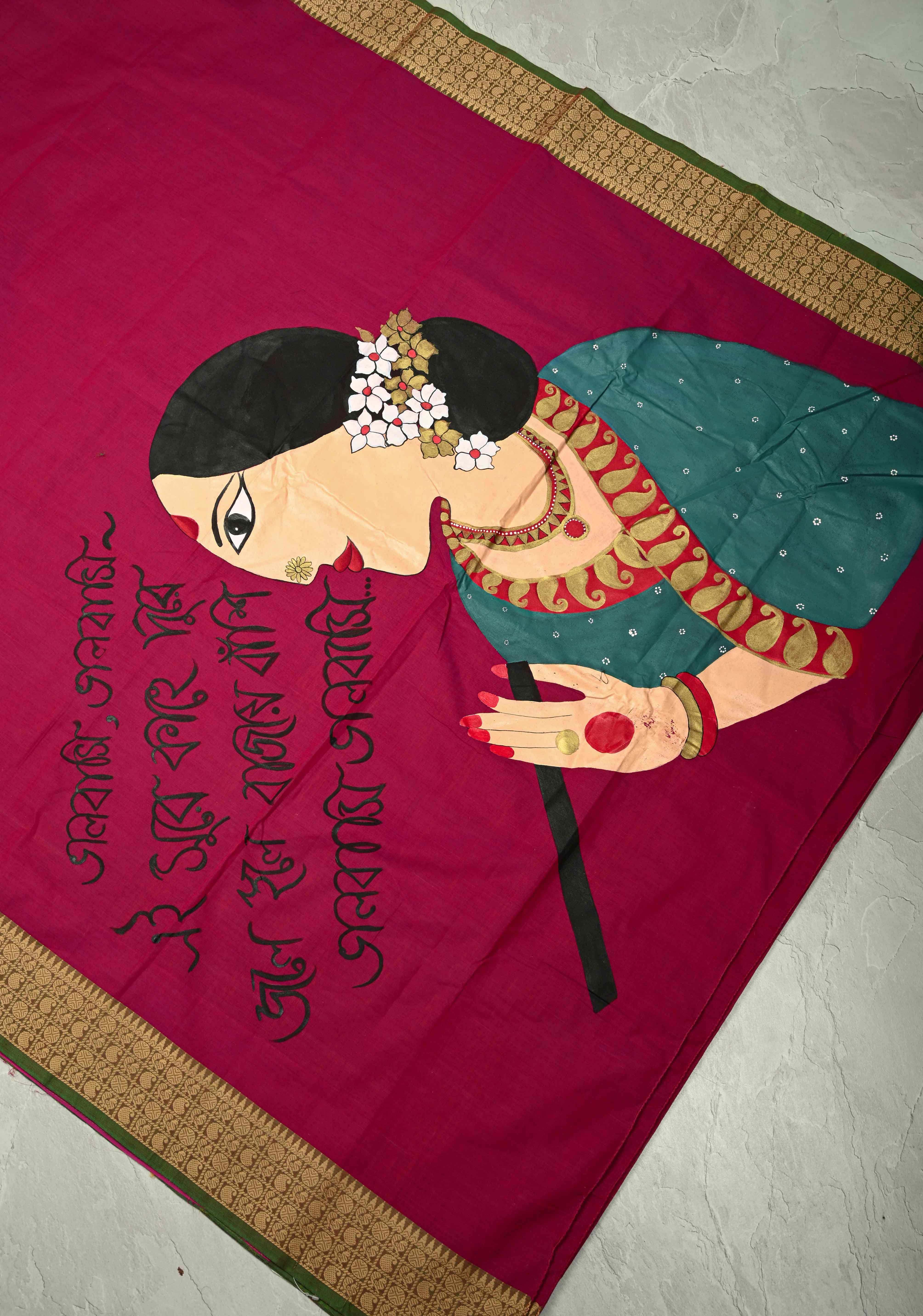 Dark Fushia Chettinad Cotton Saree with Bengali Script and Lady Handpainting on Pallu, No Blouse Piece | Shobitam