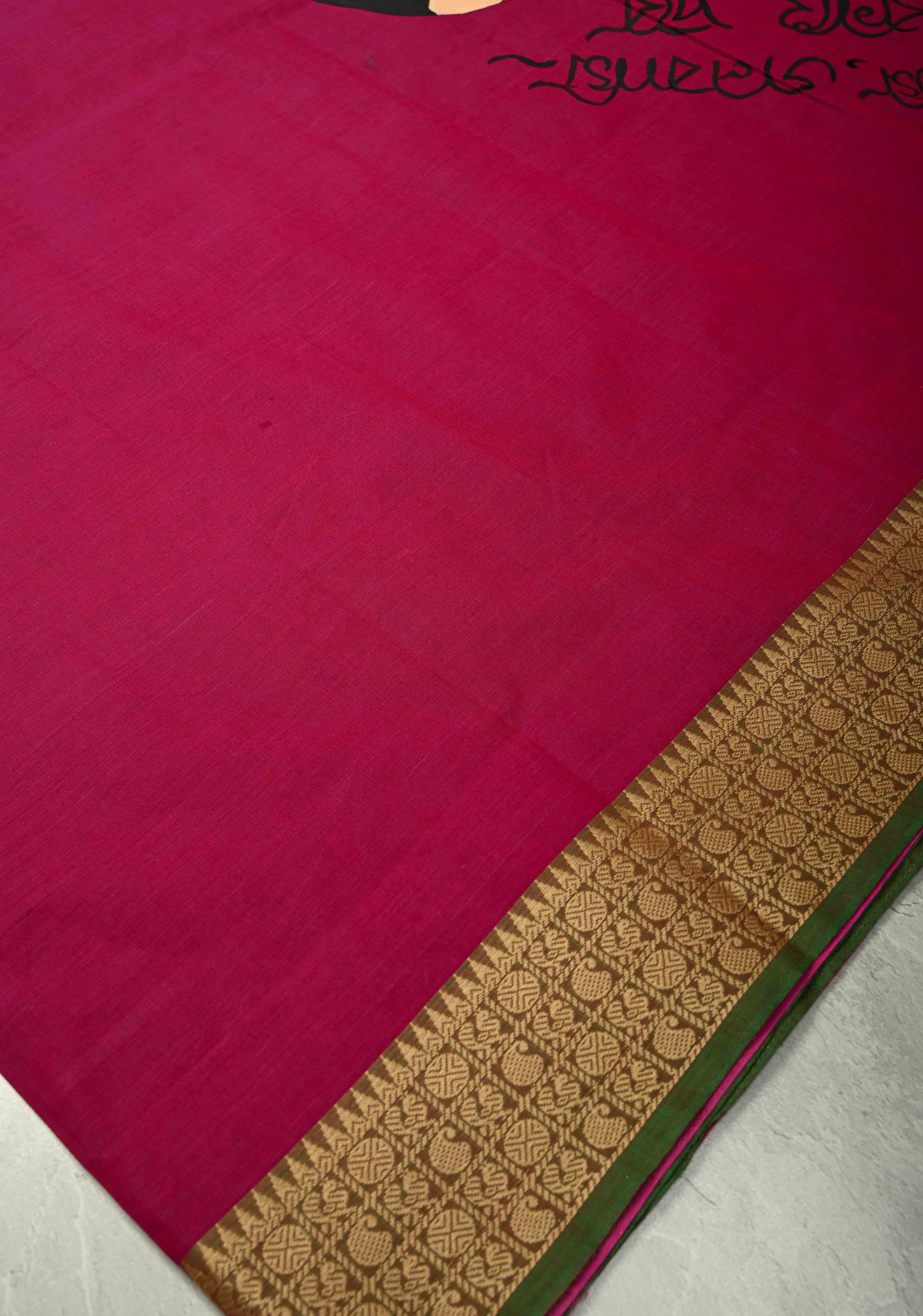 Dark Fushia Chettinad Cotton Saree with Bengali Script and Lady Handpainting on Pallu, No Blouse Piece | Shobitam