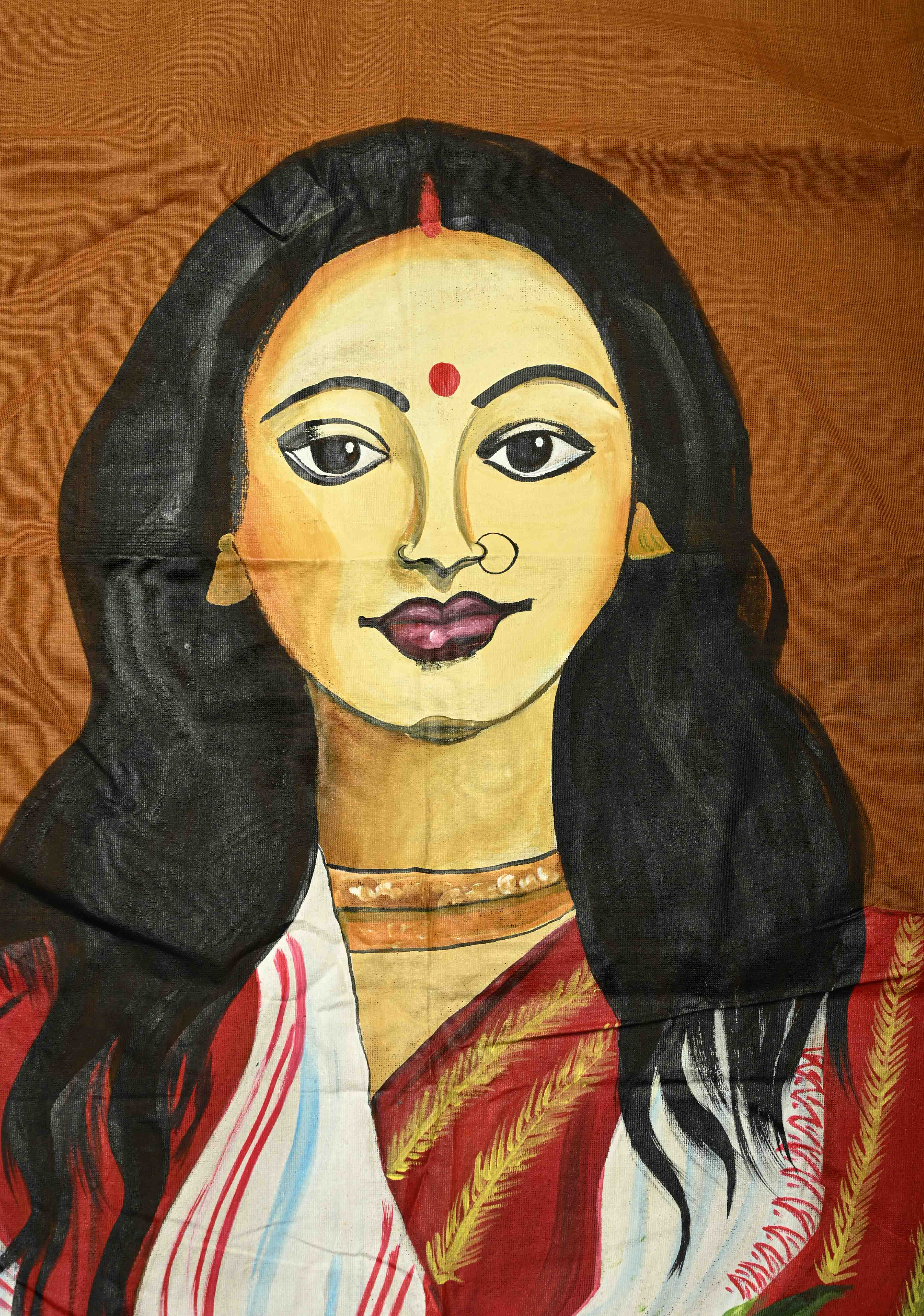 Camel Brown Chettinad Cotton Saree with Border and Bengali Lady Handpainting on Pallu, No Blouse Piece | Shobitam