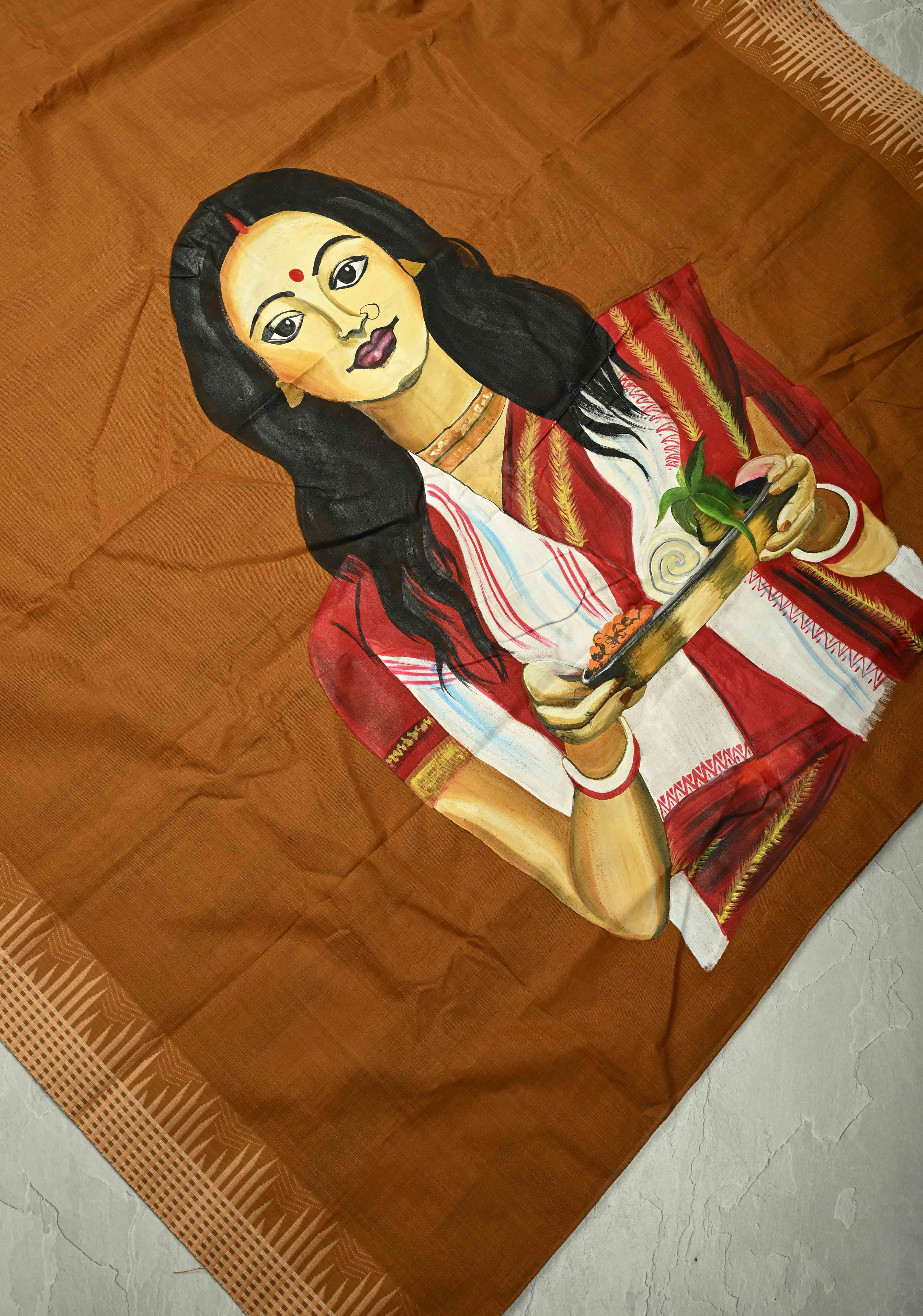 Camel Brown Chettinad Cotton Saree with Border and Bengali Lady Handpainting on Pallu, No Blouse Piece | Shobitam