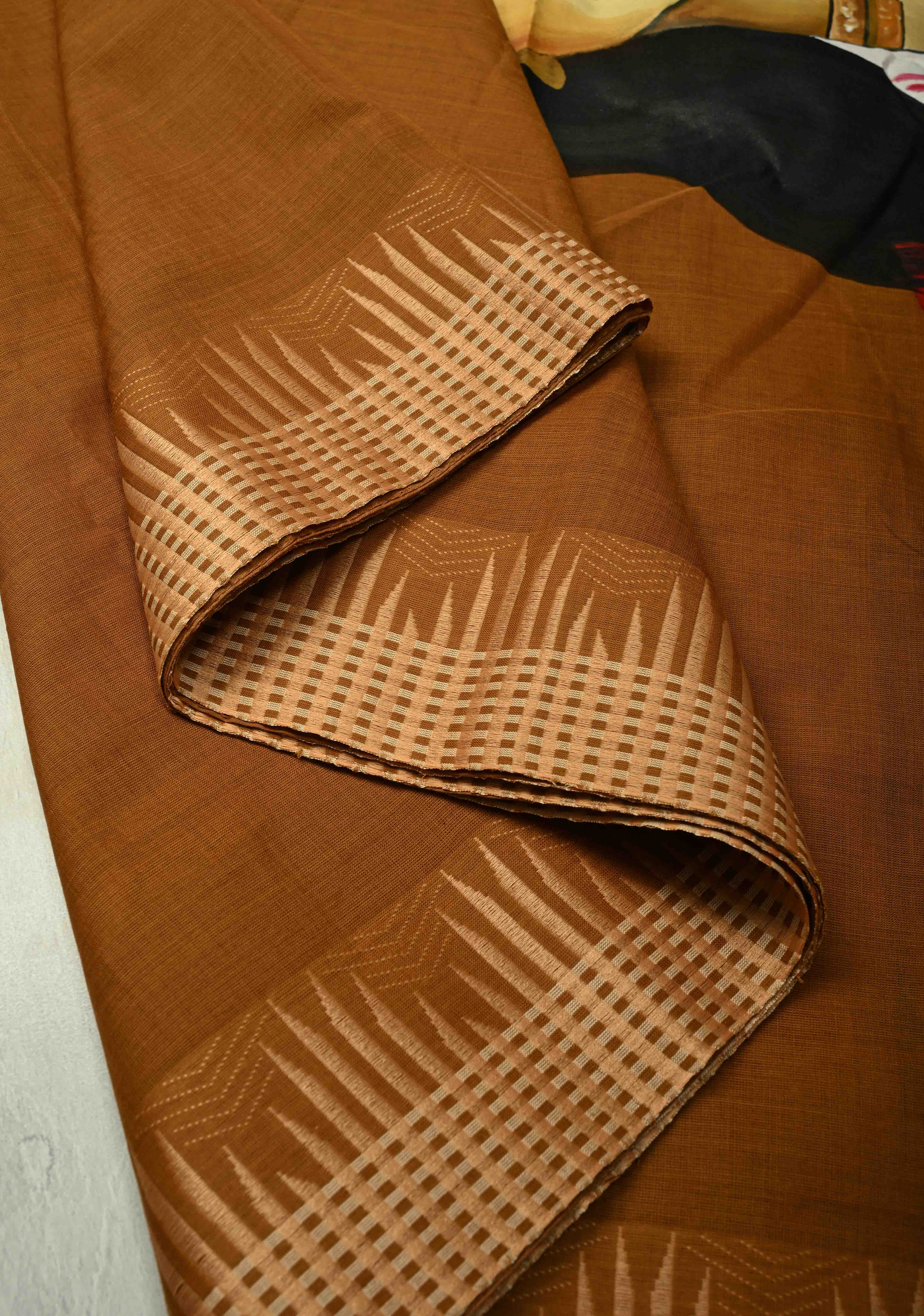 Camel Brown Chettinad Cotton Saree with Border and Bengali Lady Handpainting on Pallu, No Blouse Piece | Shobitam