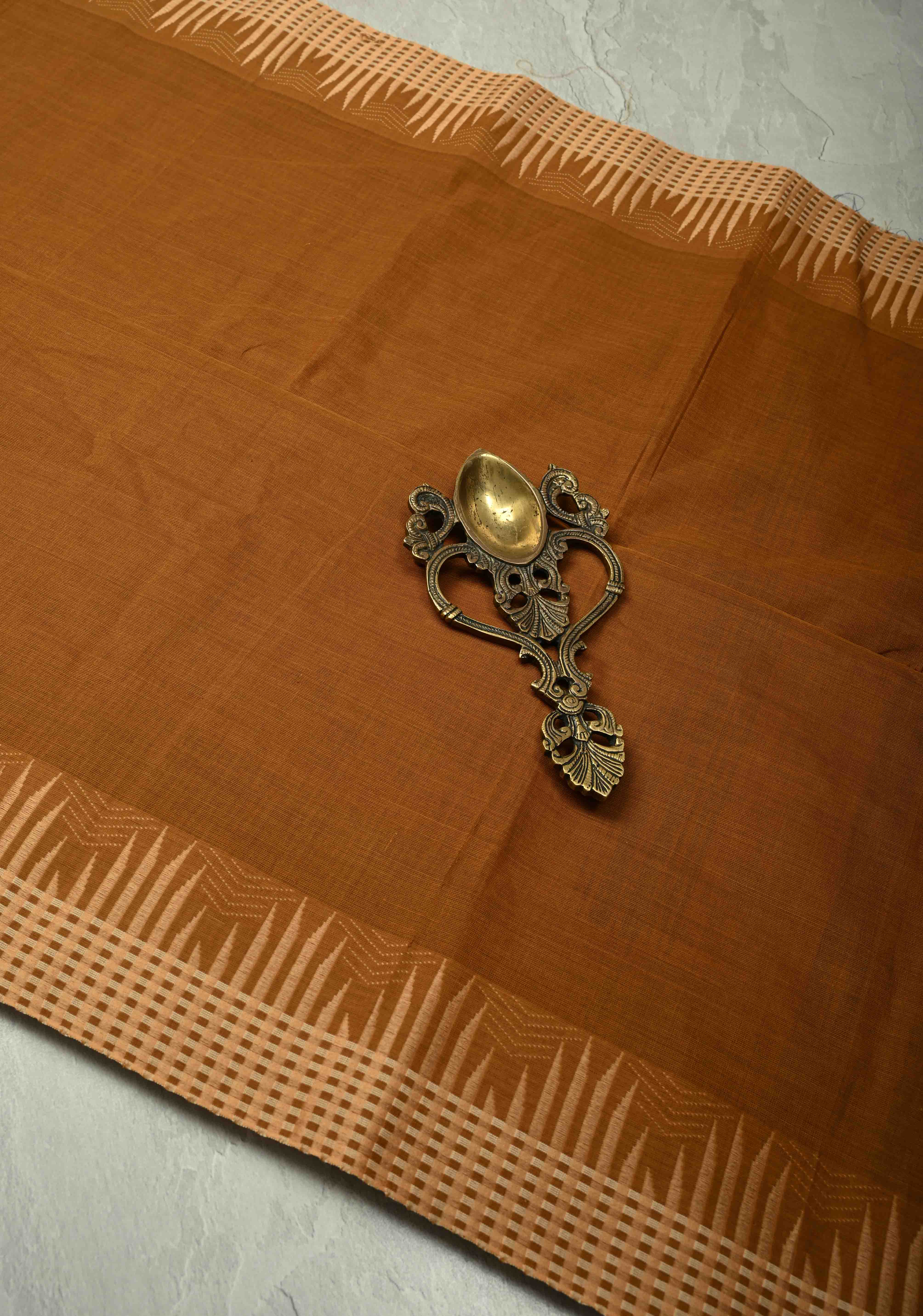 Camel Brown Chettinad Cotton Saree with Border and Bengali Lady Handpainting on Pallu, No Blouse Piece | Shobitam