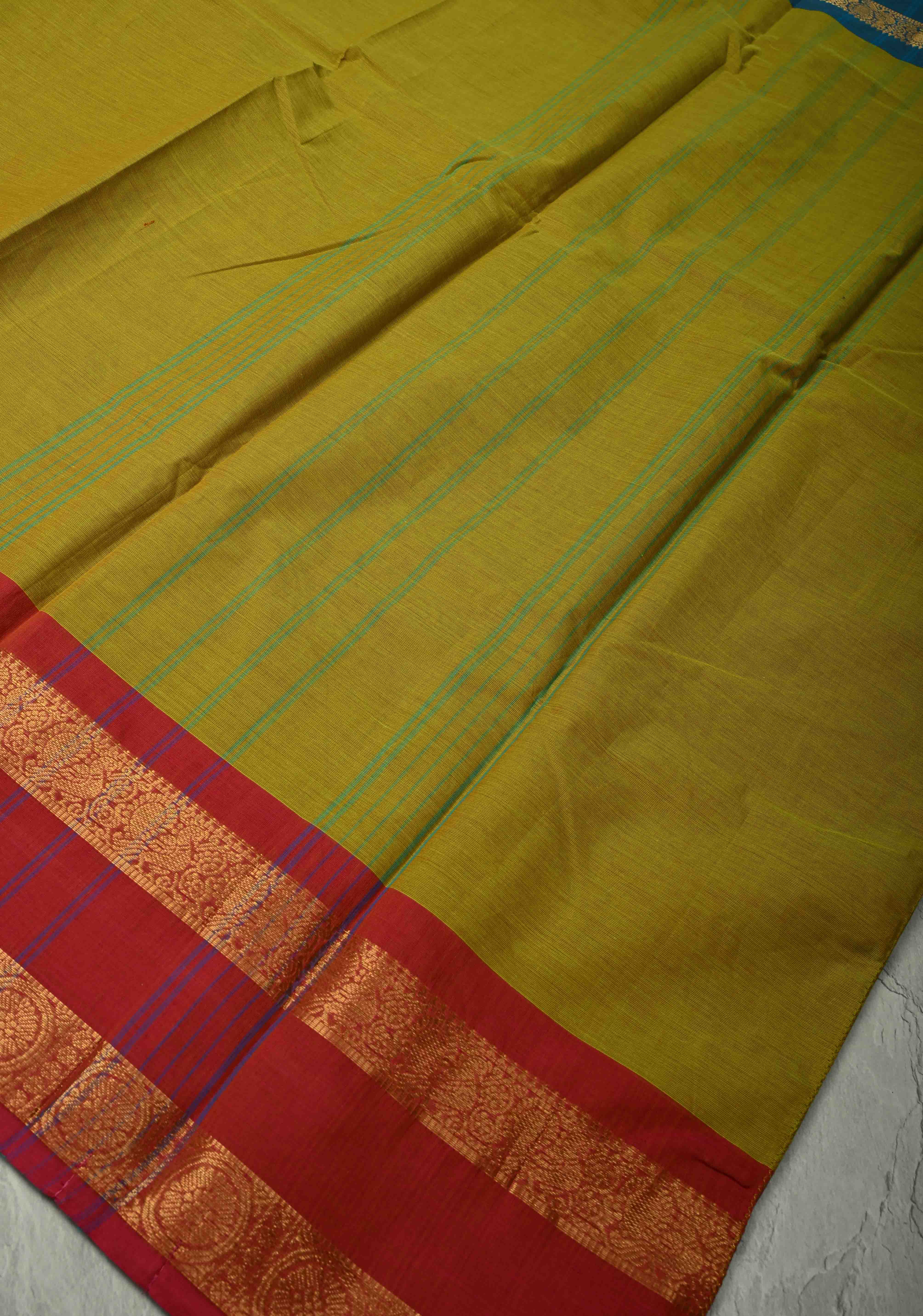 Methi Green Kanchi Cotton Saree with Ganga Jamuna Zari Border, No Blouse piece | Shobitam