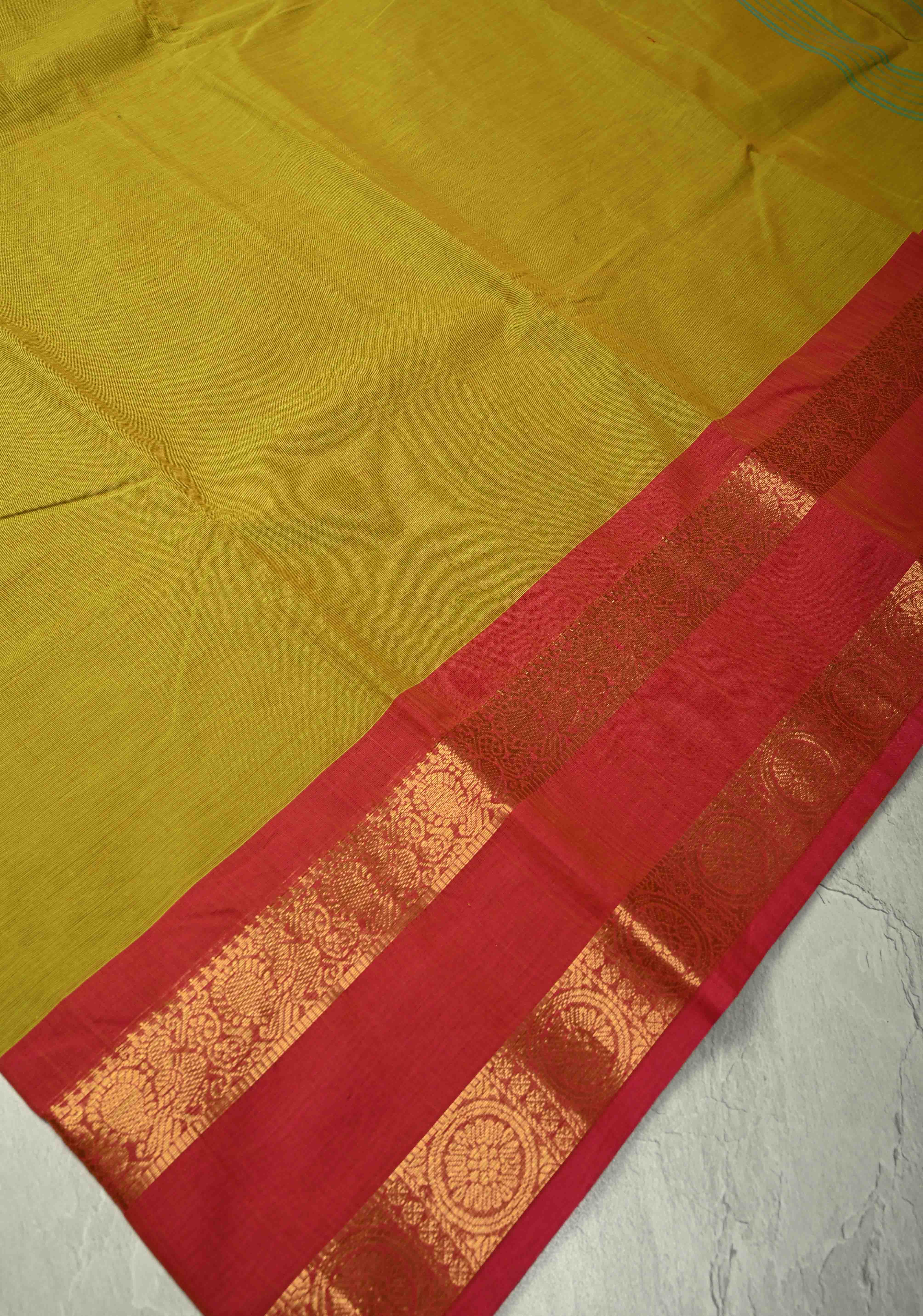 Methi Green Kanchi Cotton Saree with Ganga Jamuna Zari Border, No Blouse piece | Shobitam