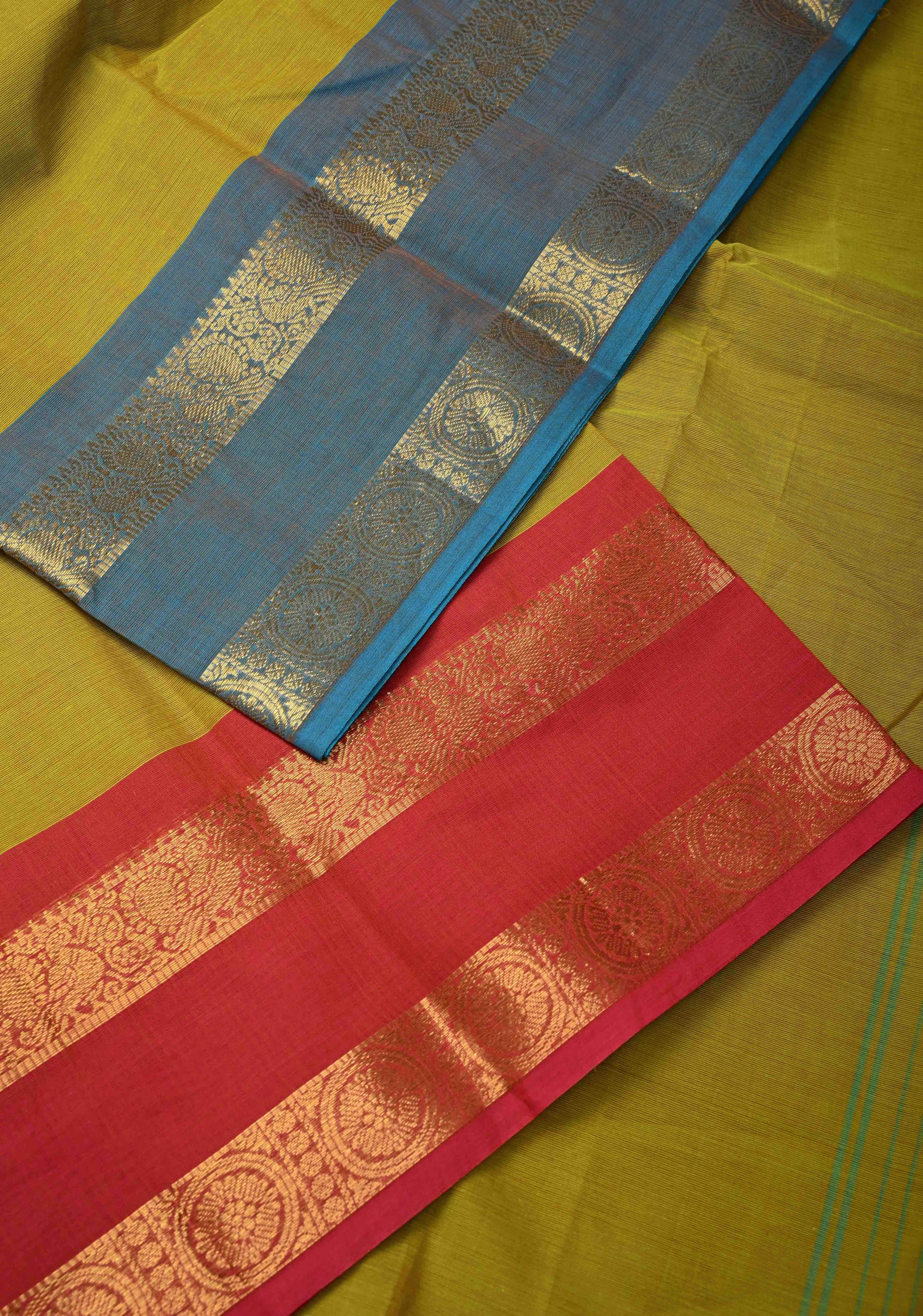 Methi Green Kanchi Cotton Saree with Ganga Jamuna Zari Border, No Blouse piece | Shobitam