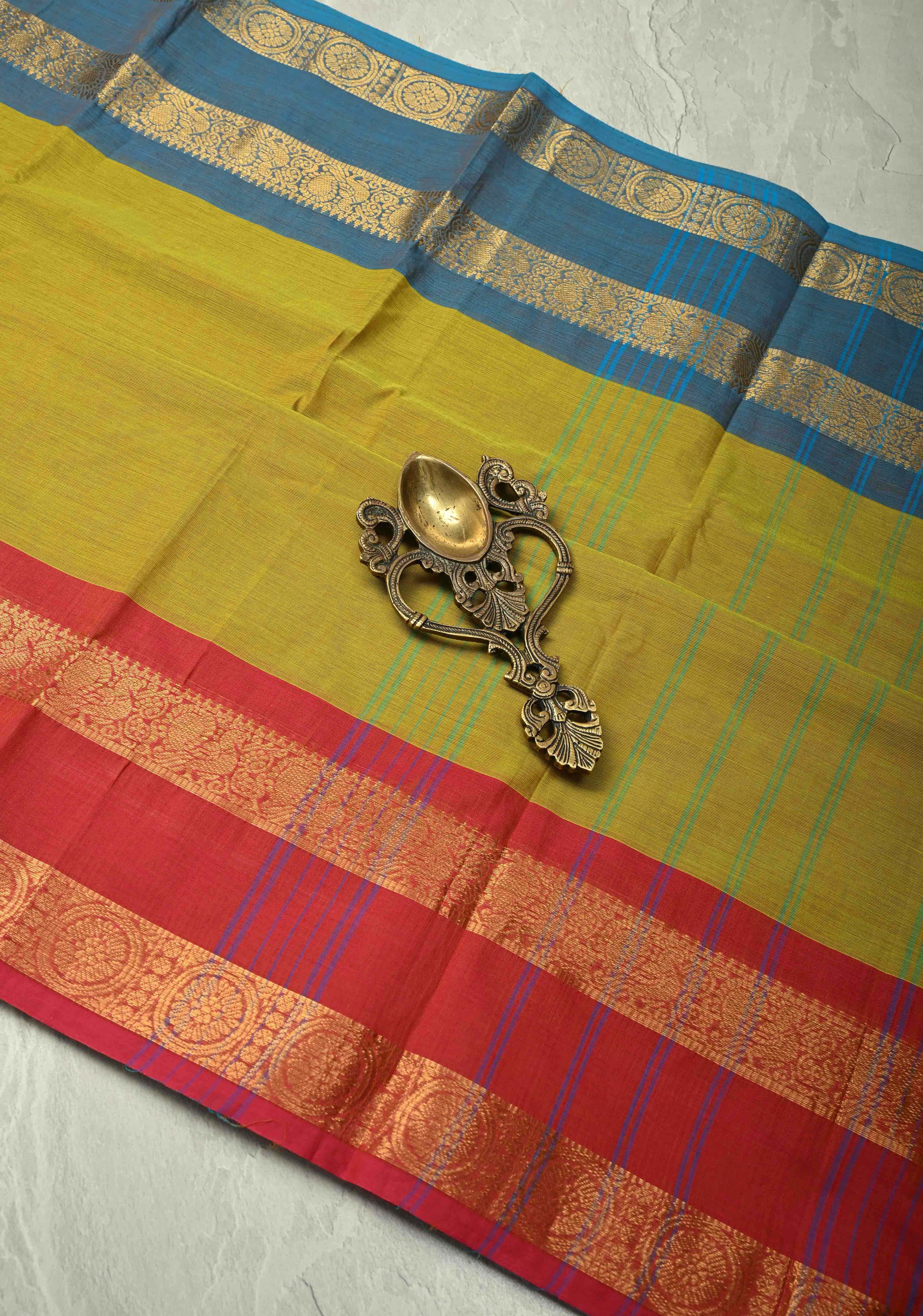 Methi Green Kanchi Cotton Saree with Ganga Jamuna Zari Border, No Blouse piece | Shobitam