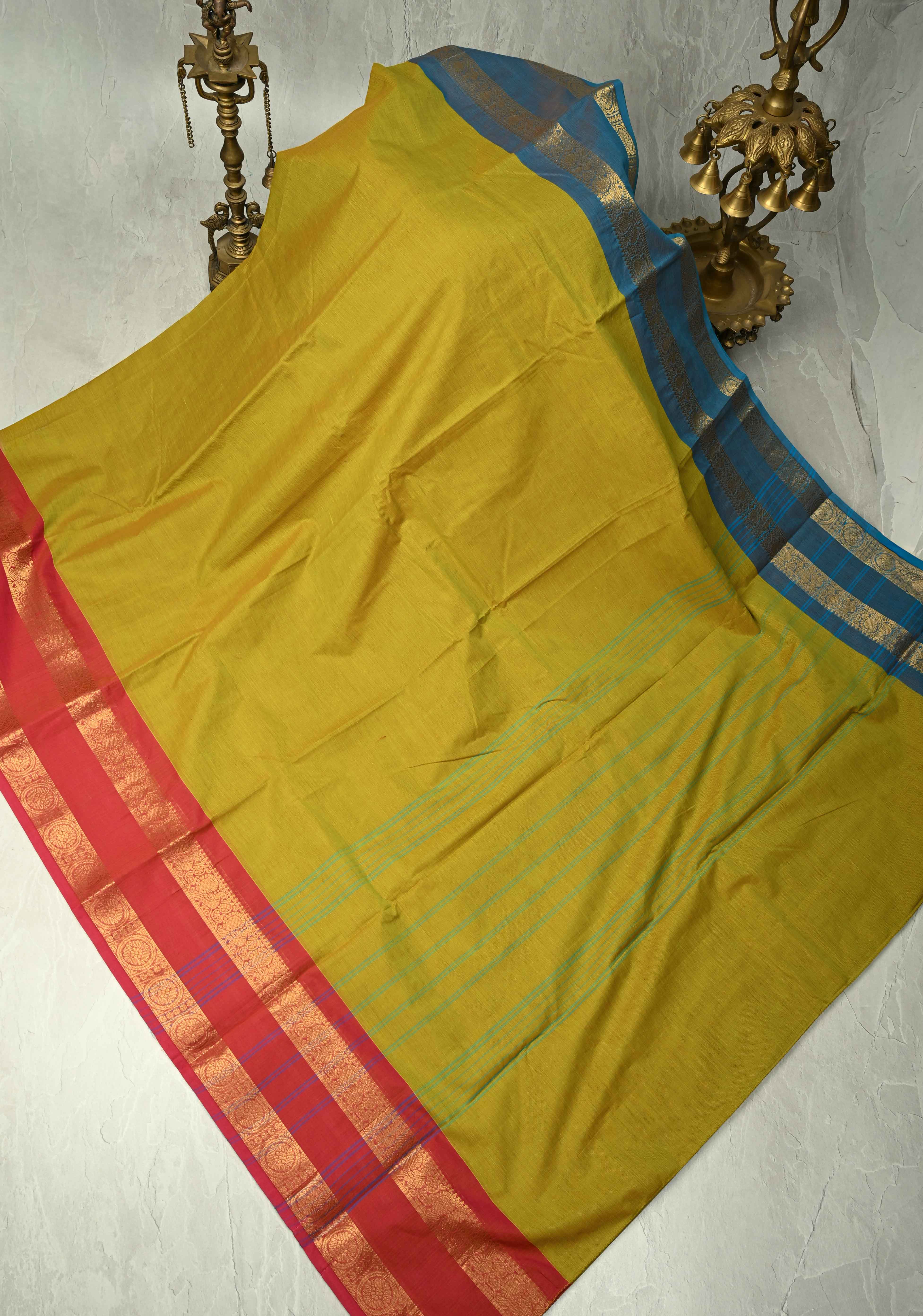 Methi Green Kanchi Cotton Saree with Ganga Jamuna Zari Border, No Blouse piece | Shobitam