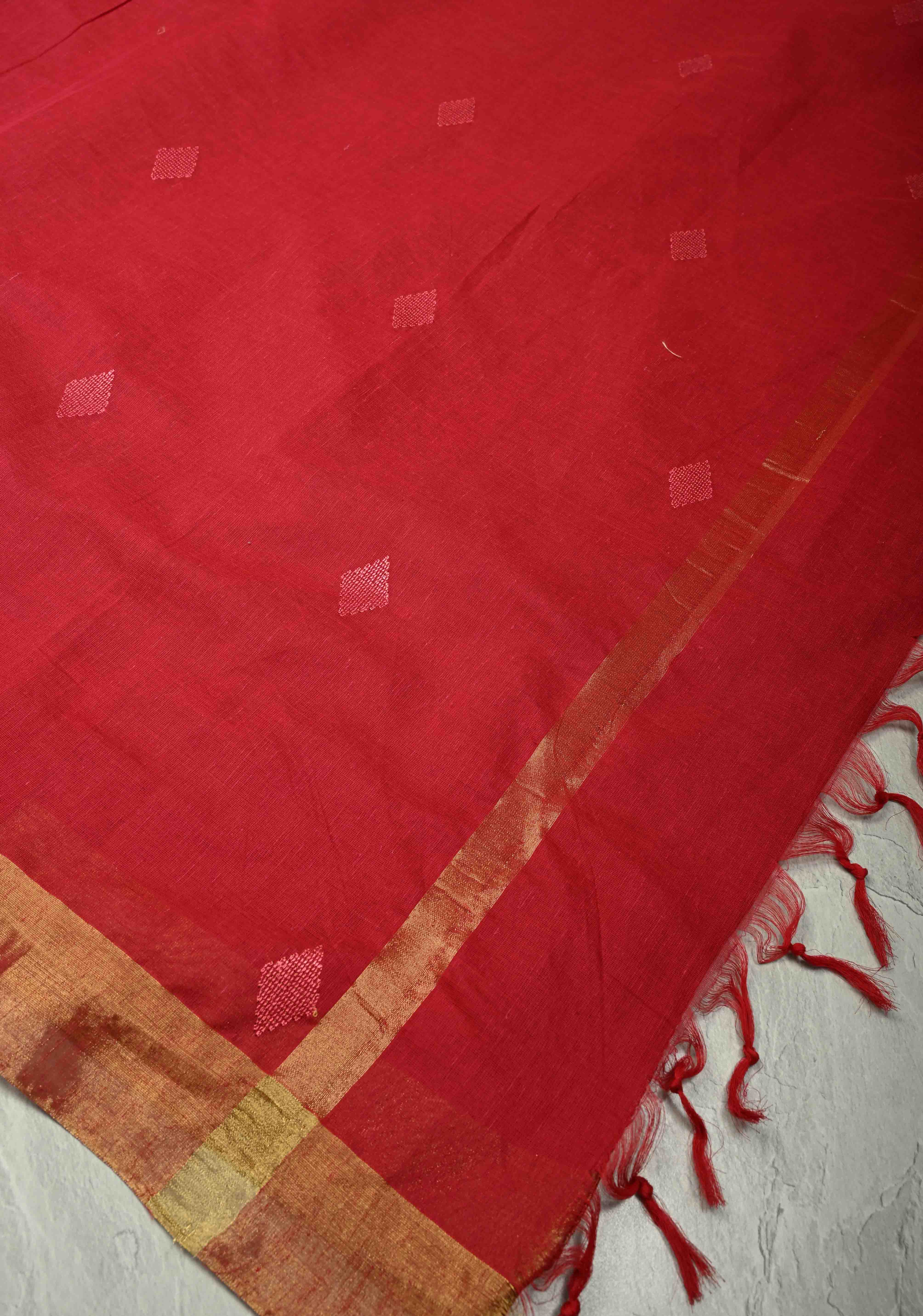 Red Mercerized Cotton Saree with Resham Butta and Zari Border, No Blouse Piece | Shobitam