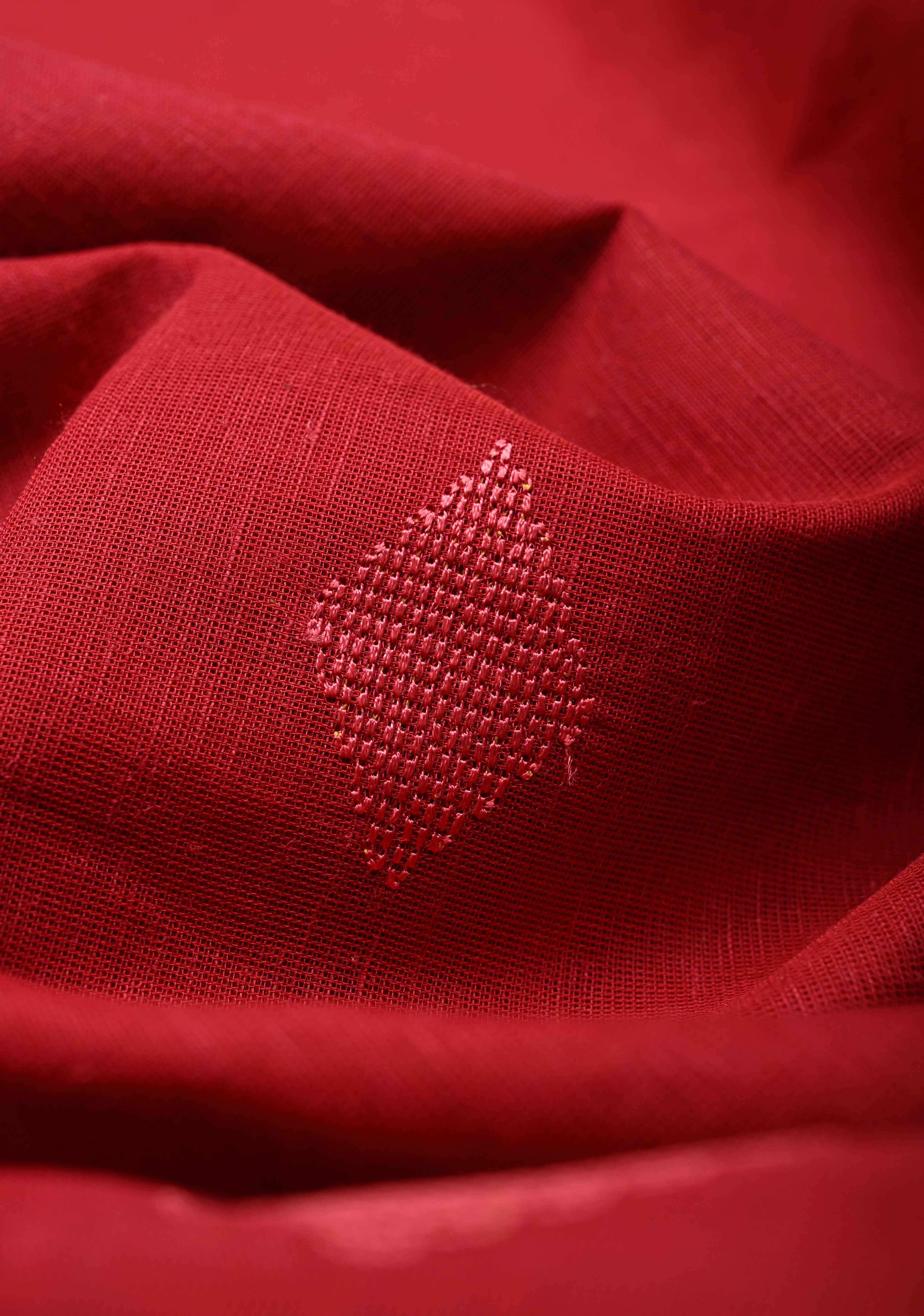 Red Mercerized Cotton Saree with Resham Butta and Zari Border, No Blouse Piece | Shobitam