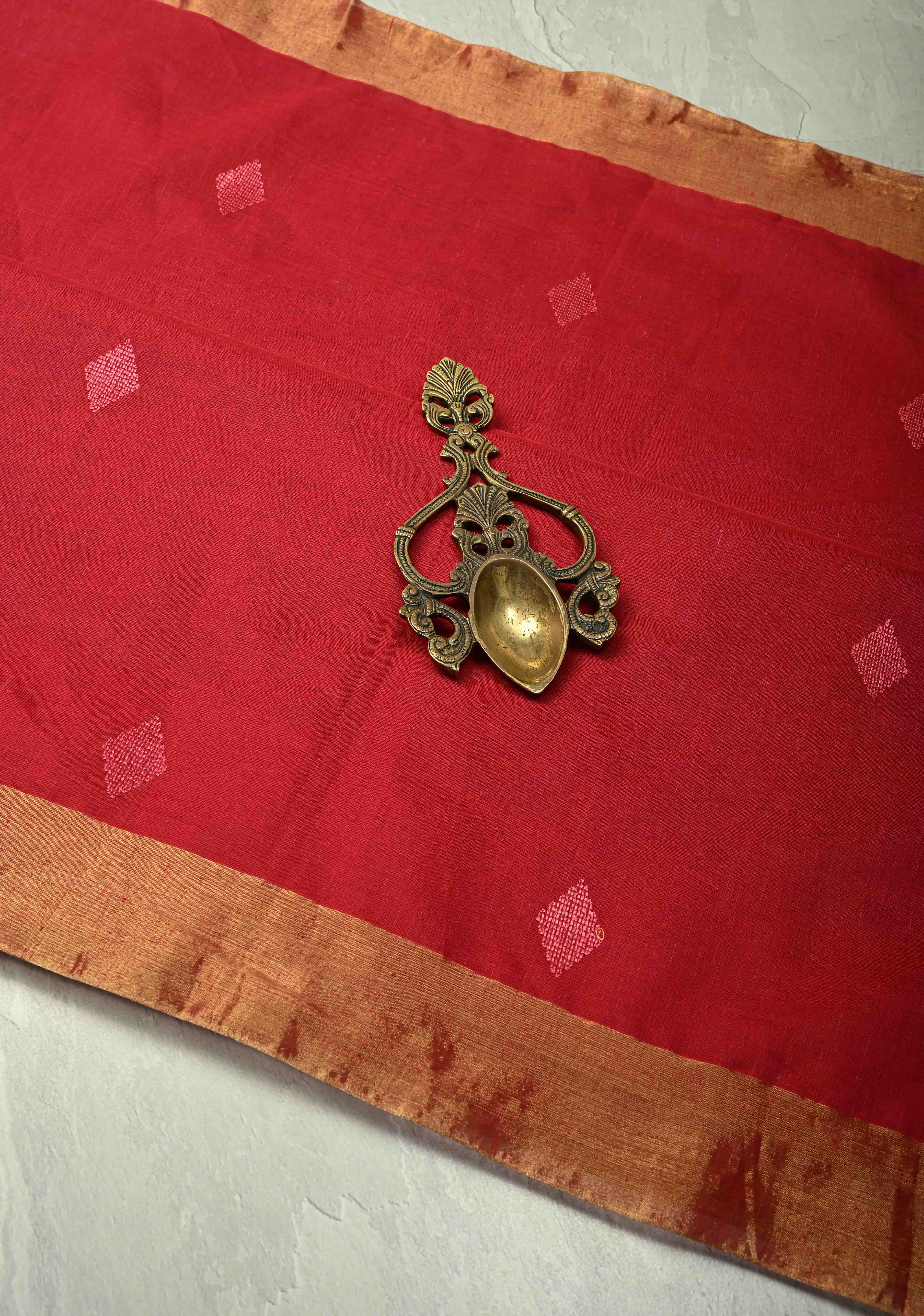 Red Mercerized Cotton Saree with Resham Butta and Zari Border, No Blouse Piece | Shobitam