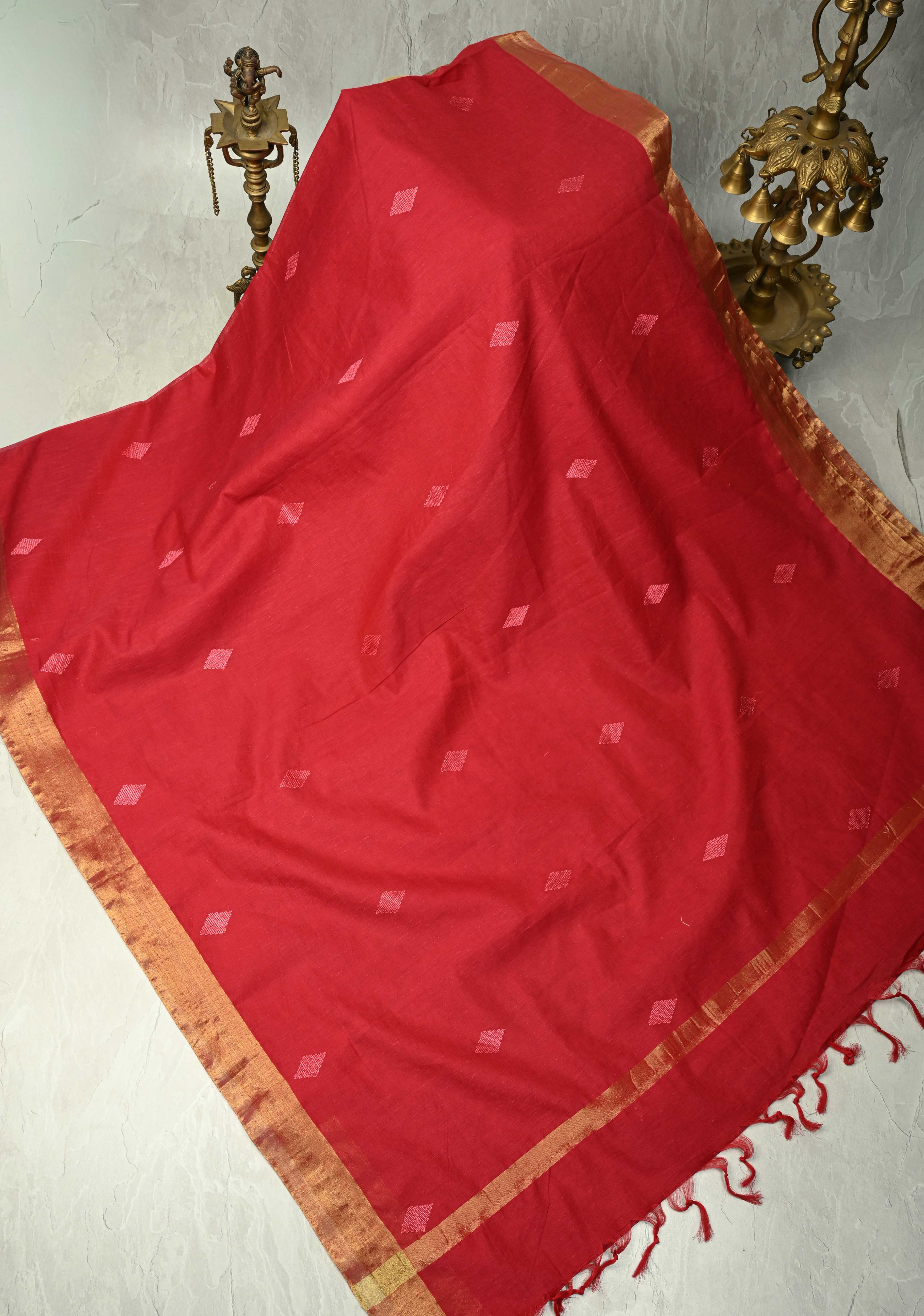 Red Mercerized Cotton Saree with Resham Butta and Zari Border, No Blouse Piece | Shobitam