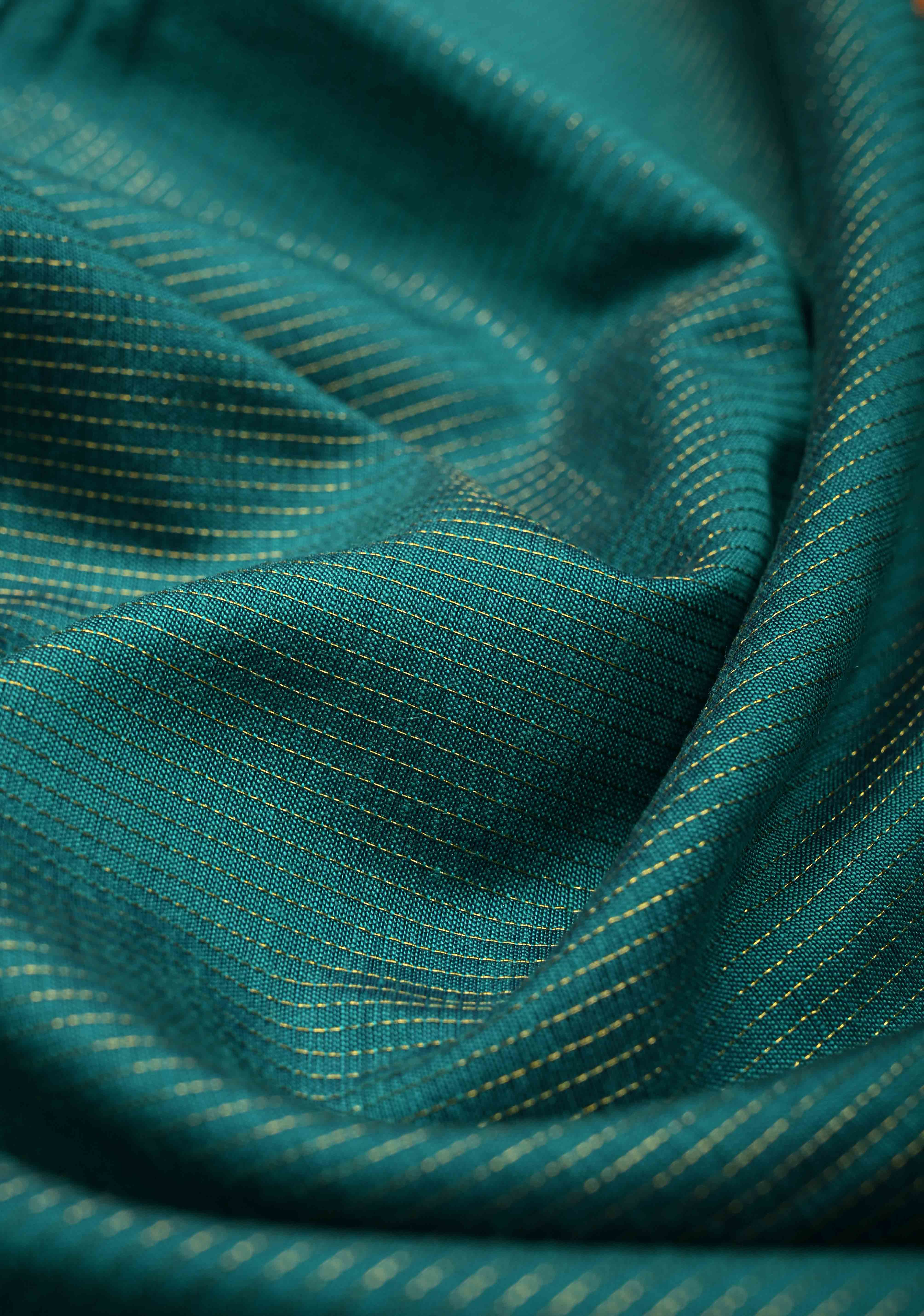Peacock Green Silk Cotton Handloom Saree with Vairaoosi Zari Stripes and Contrast Zari Border | Shobitam