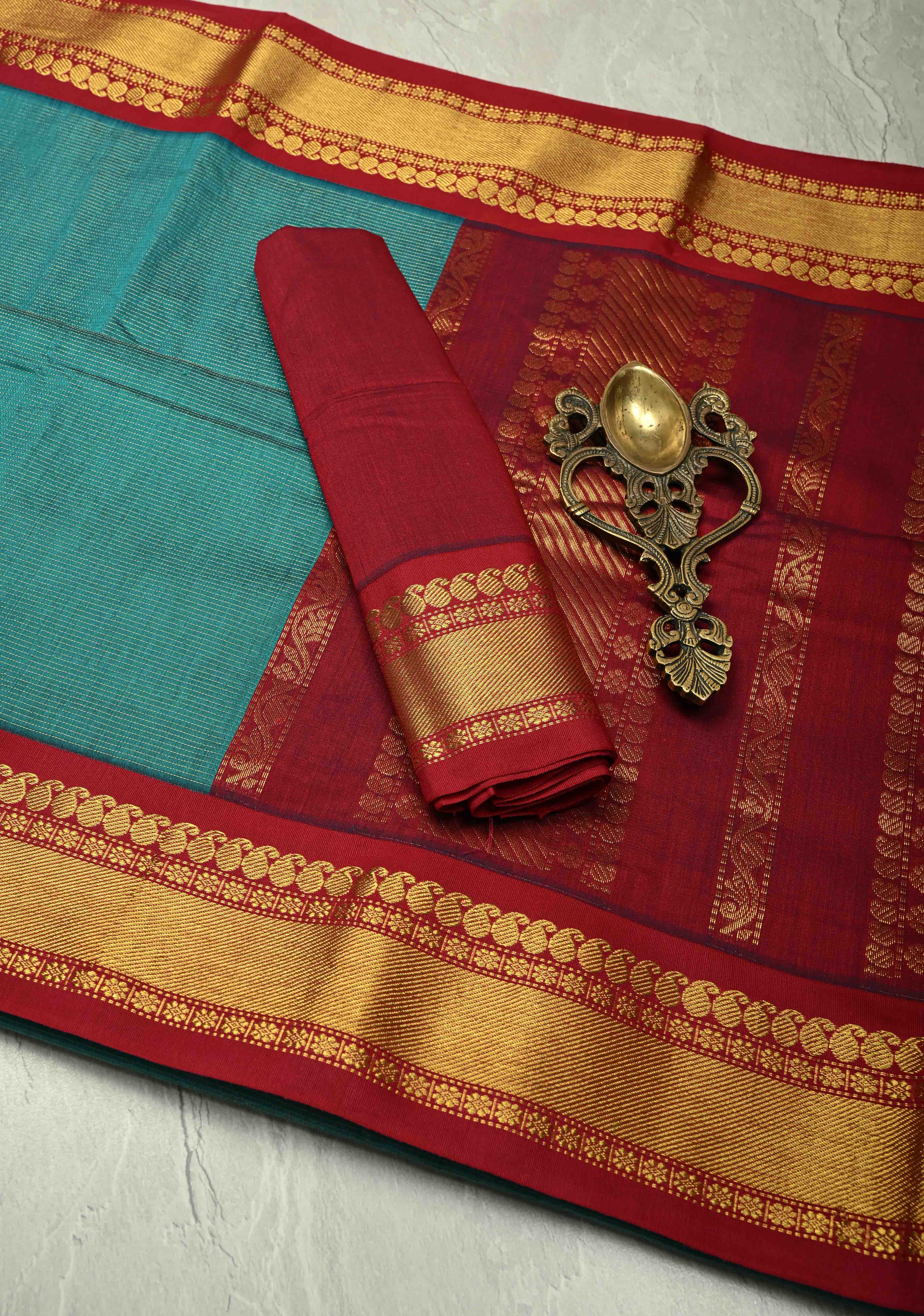 Peacock Green Silk Cotton Handloom Saree with Vairaoosi Zari Stripes and Contrast Zari Border | Shobitam
