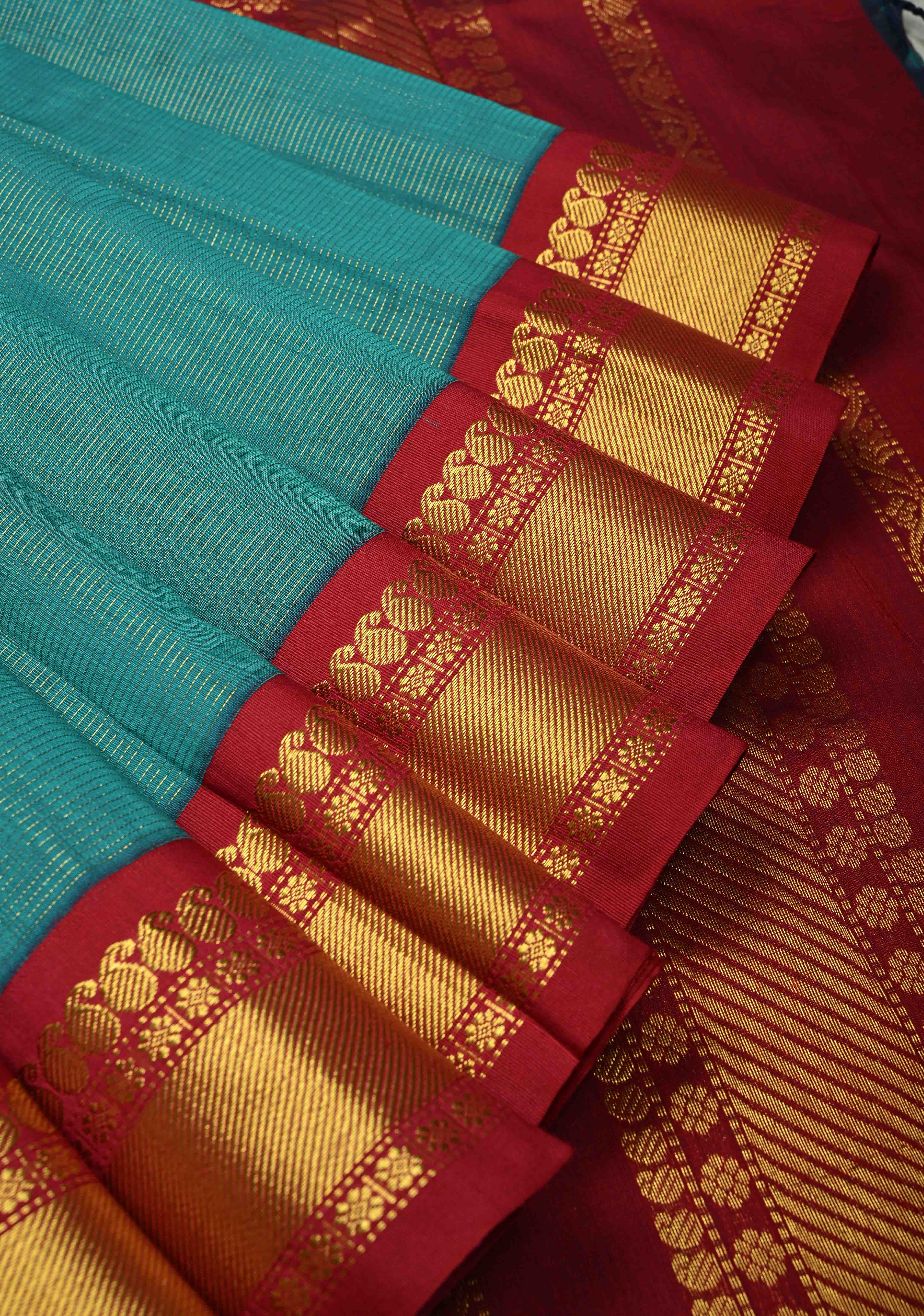 Peacock Green Silk Cotton Handloom Saree with Vairaoosi Zari Stripes and Contrast Zari Border | Shobitam