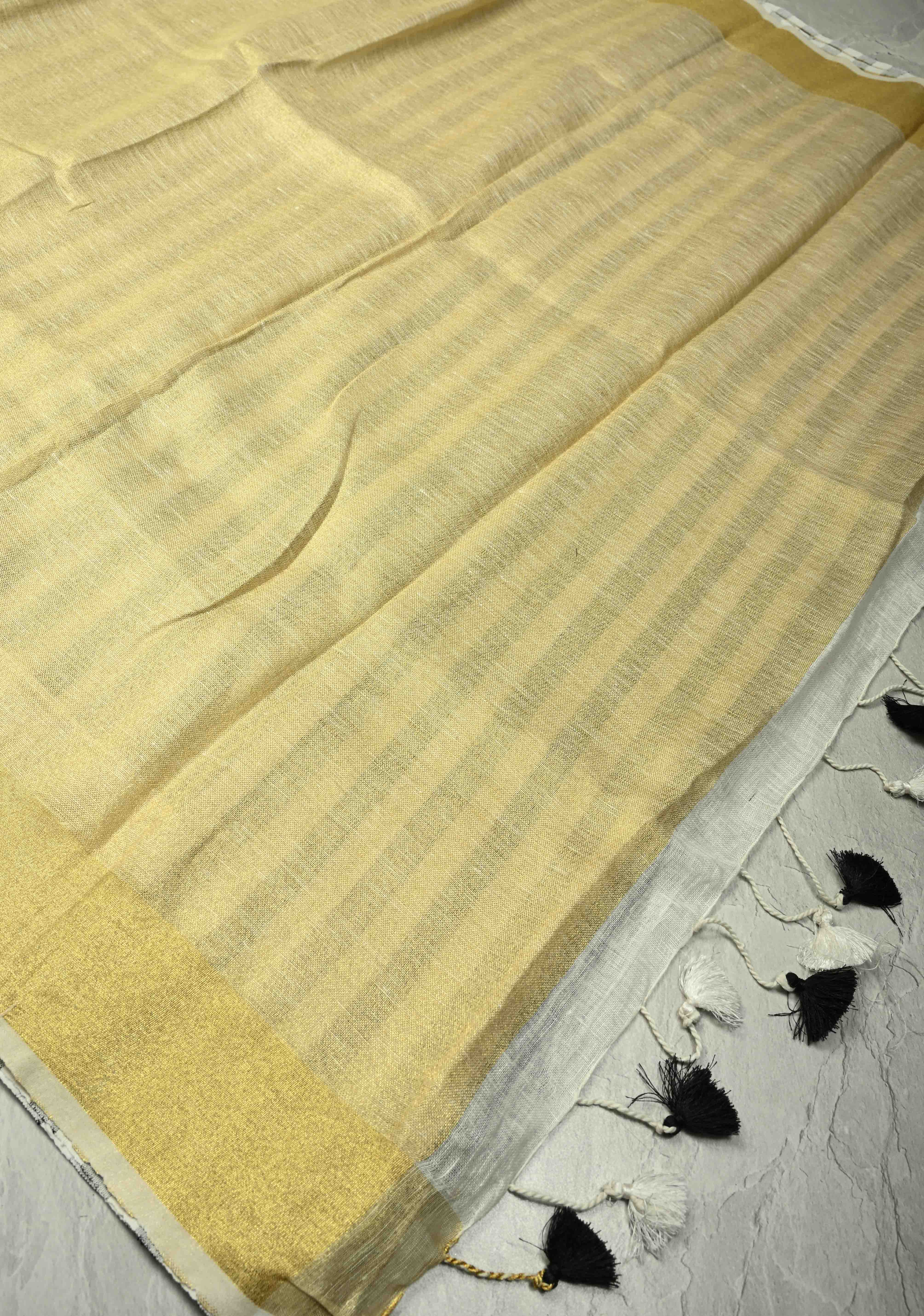 Black-White Linen Saree with Vertical Stripes and Tissue Zari Border | Shobitam