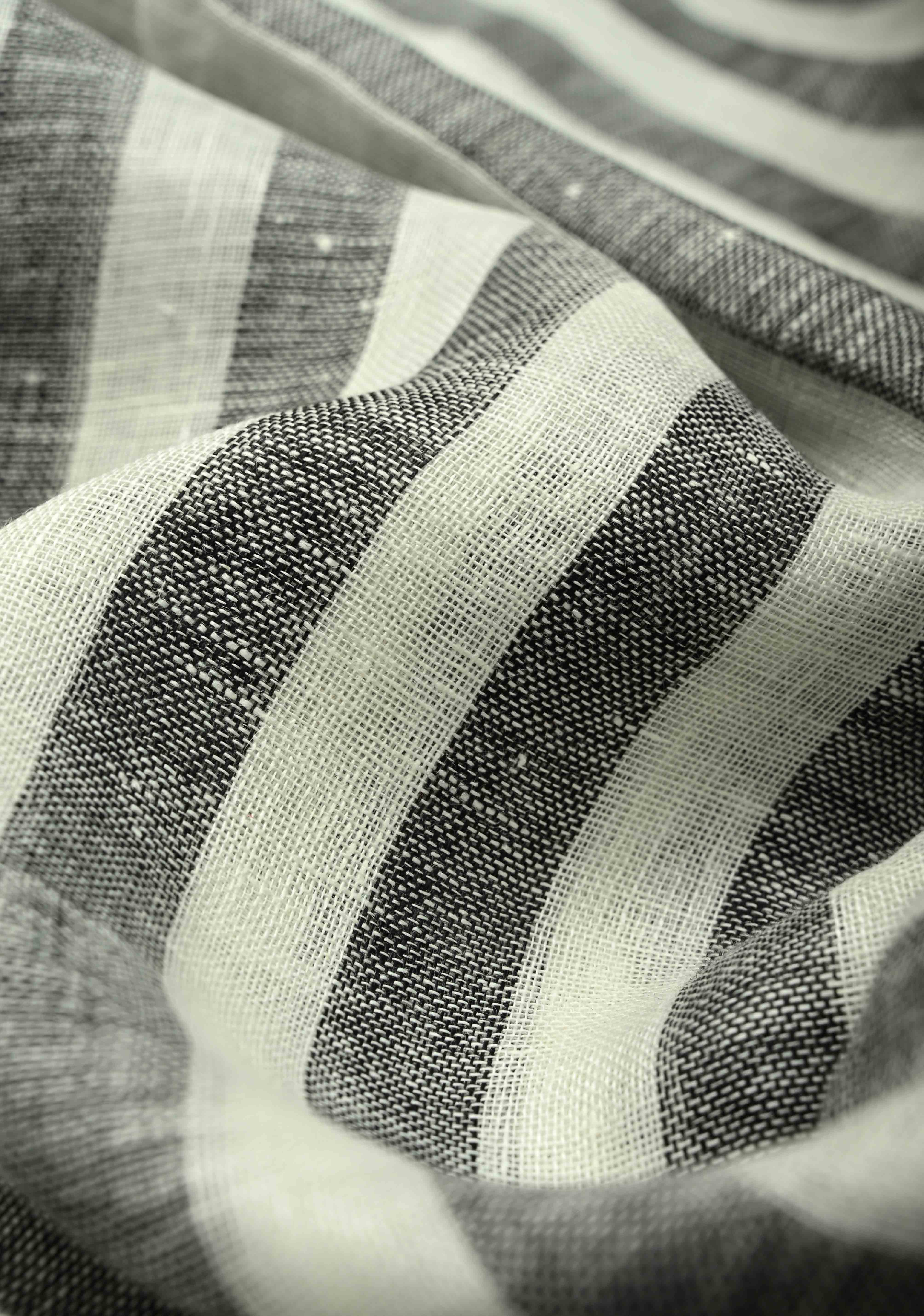 Black-White Linen Saree with Vertical Stripes and Tissue Zari Border | Shobitam