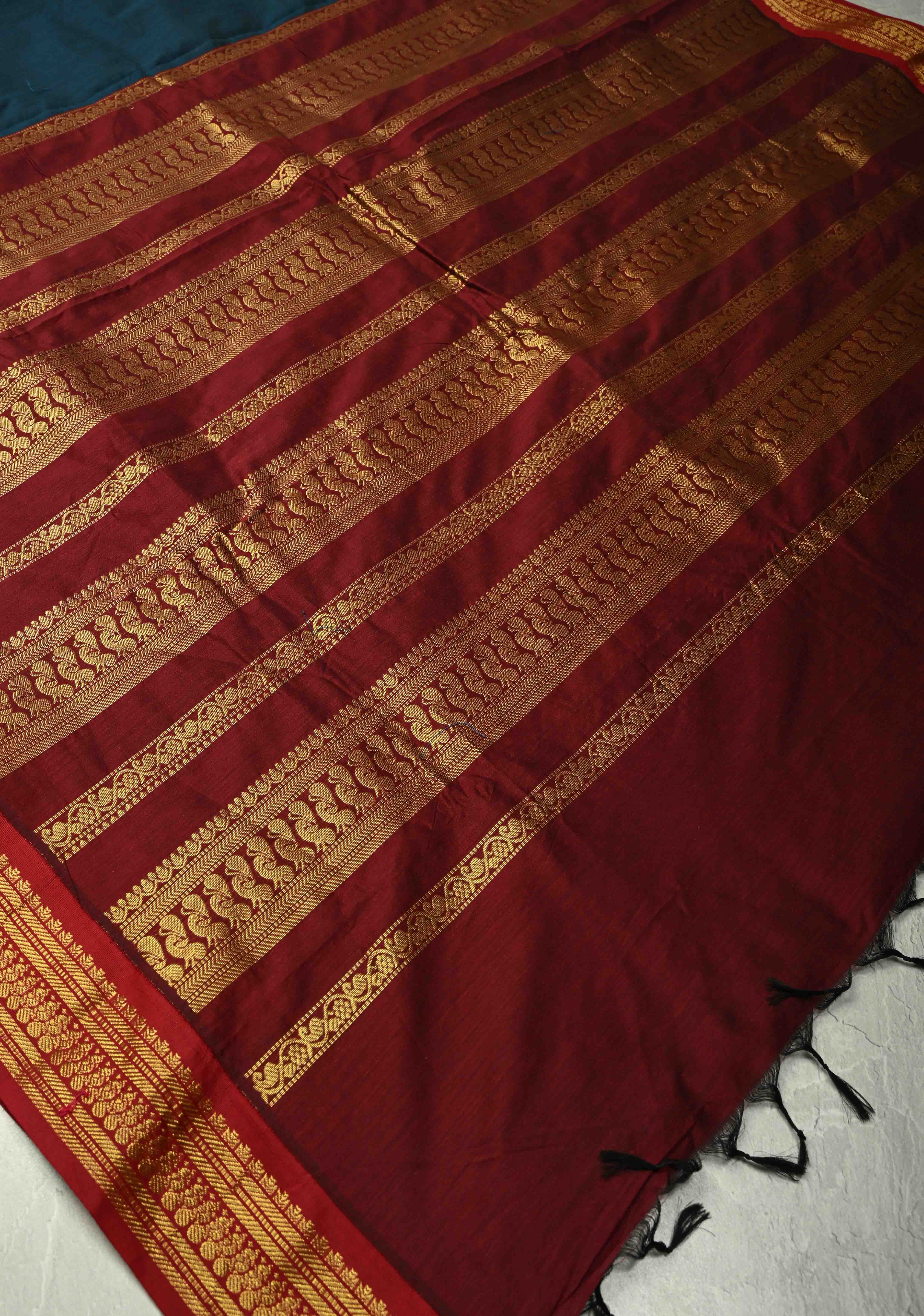 Navy Blue Silk Cotton Handloom Saree with Contrast Zari Border | Shobitam