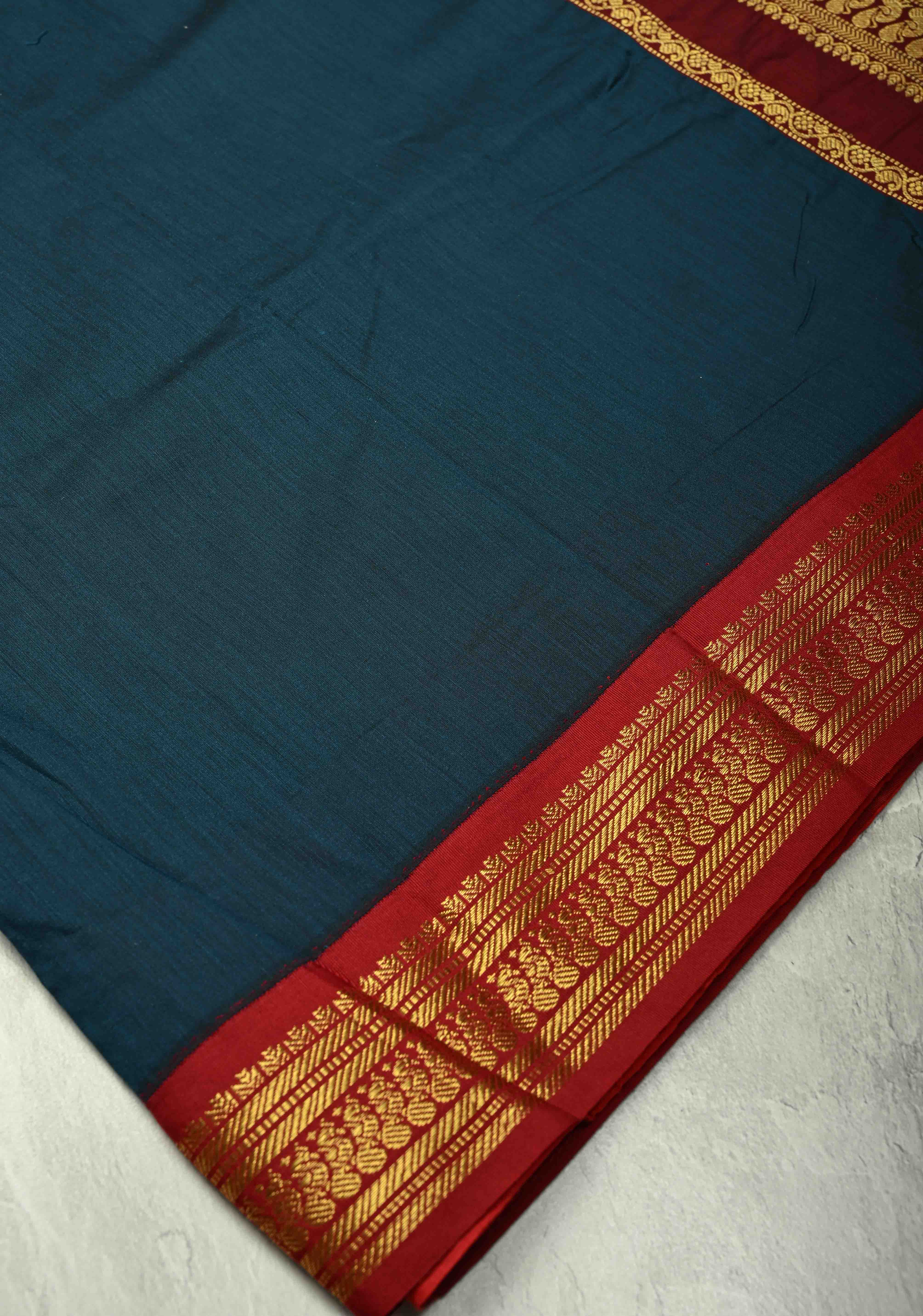 Navy Blue Silk Cotton Handloom Saree with Contrast Zari Border | Shobitam
