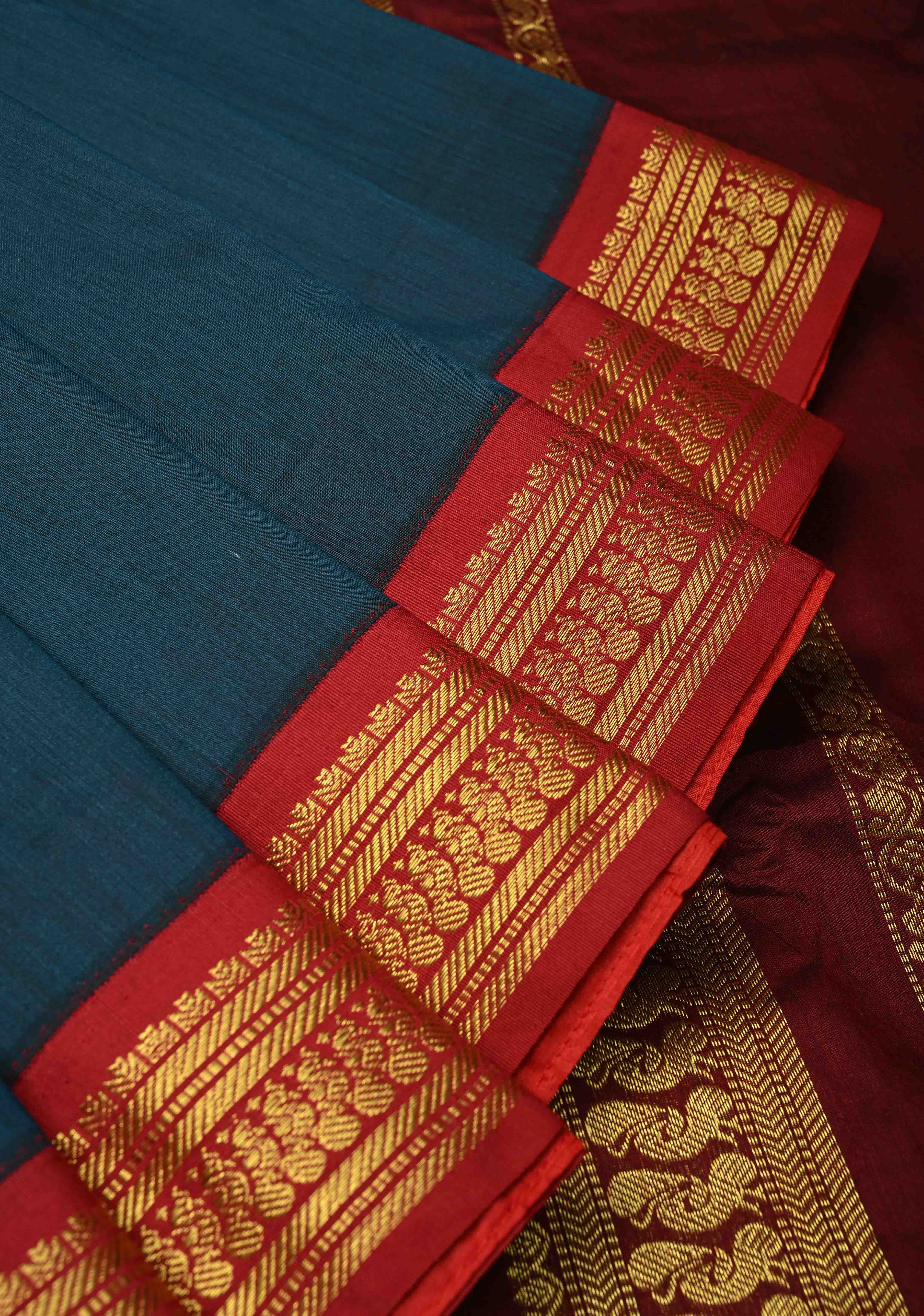 Navy Blue Silk Cotton Handloom Saree with Contrast Zari Border | Shobitam