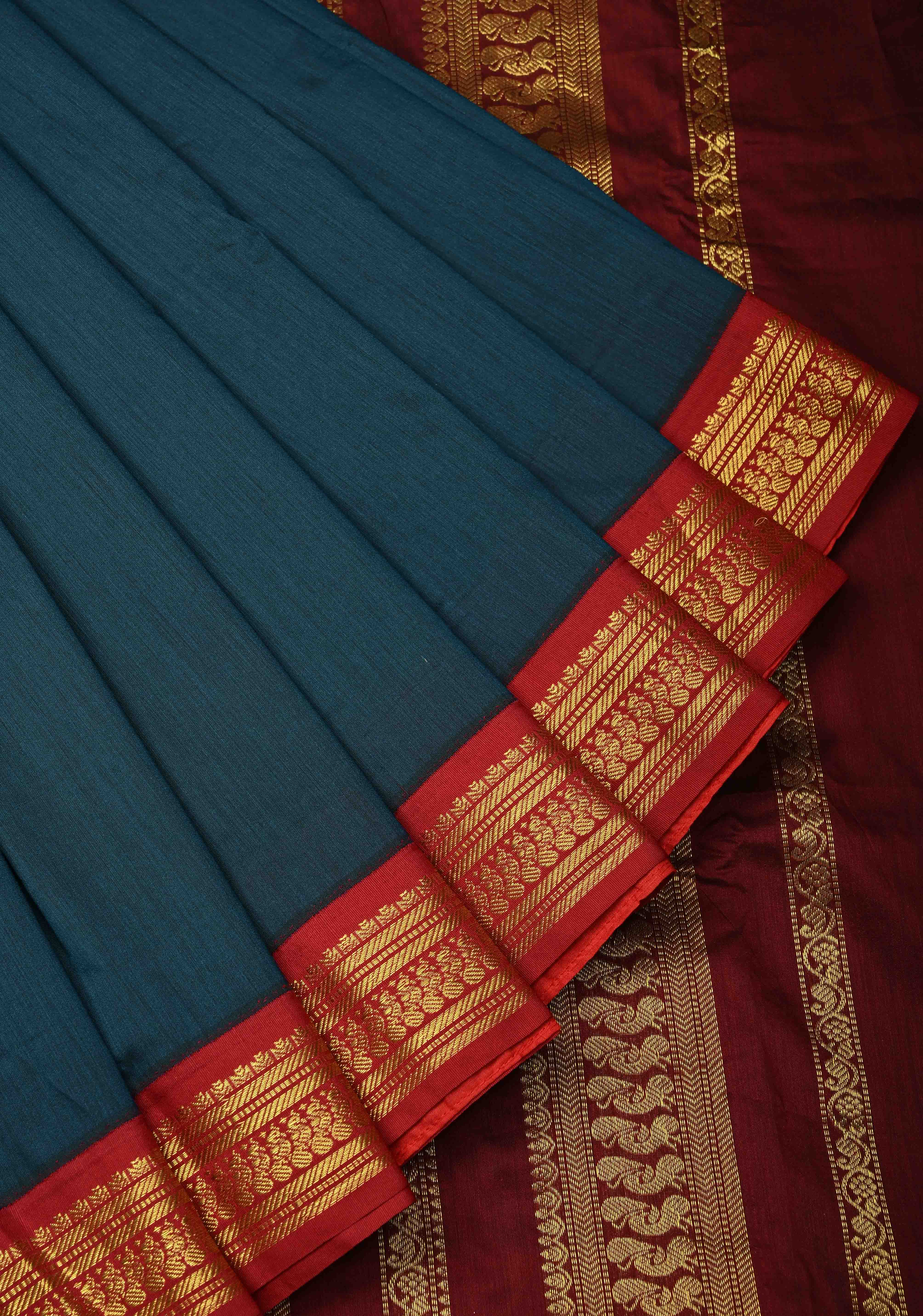Navy Blue Silk Cotton Handloom Saree with Contrast Zari Border | Shobitam
