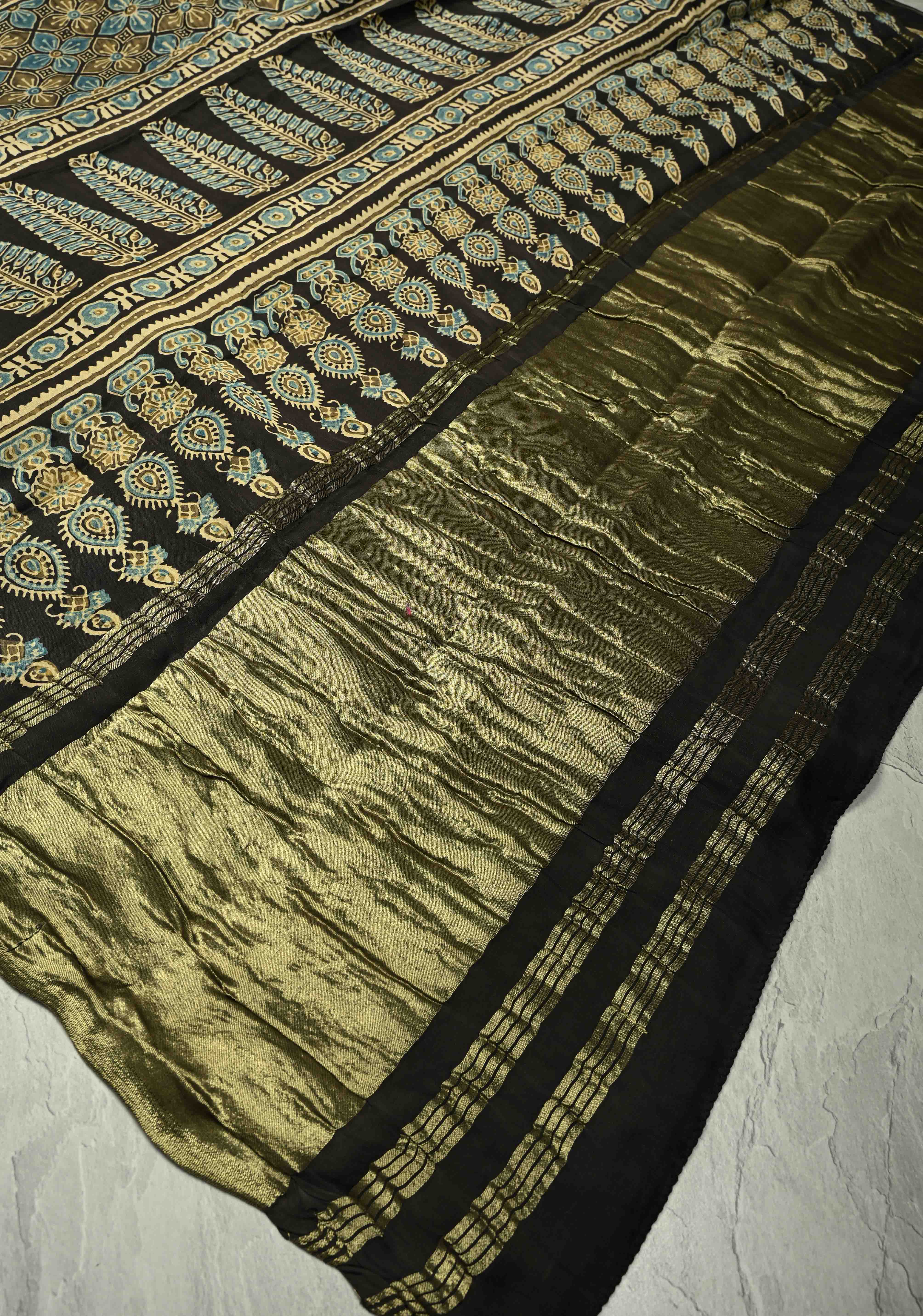 Black Modal Silk Saree with Ajrakh Hand Block Print and Crushed Pallu | Shobitam