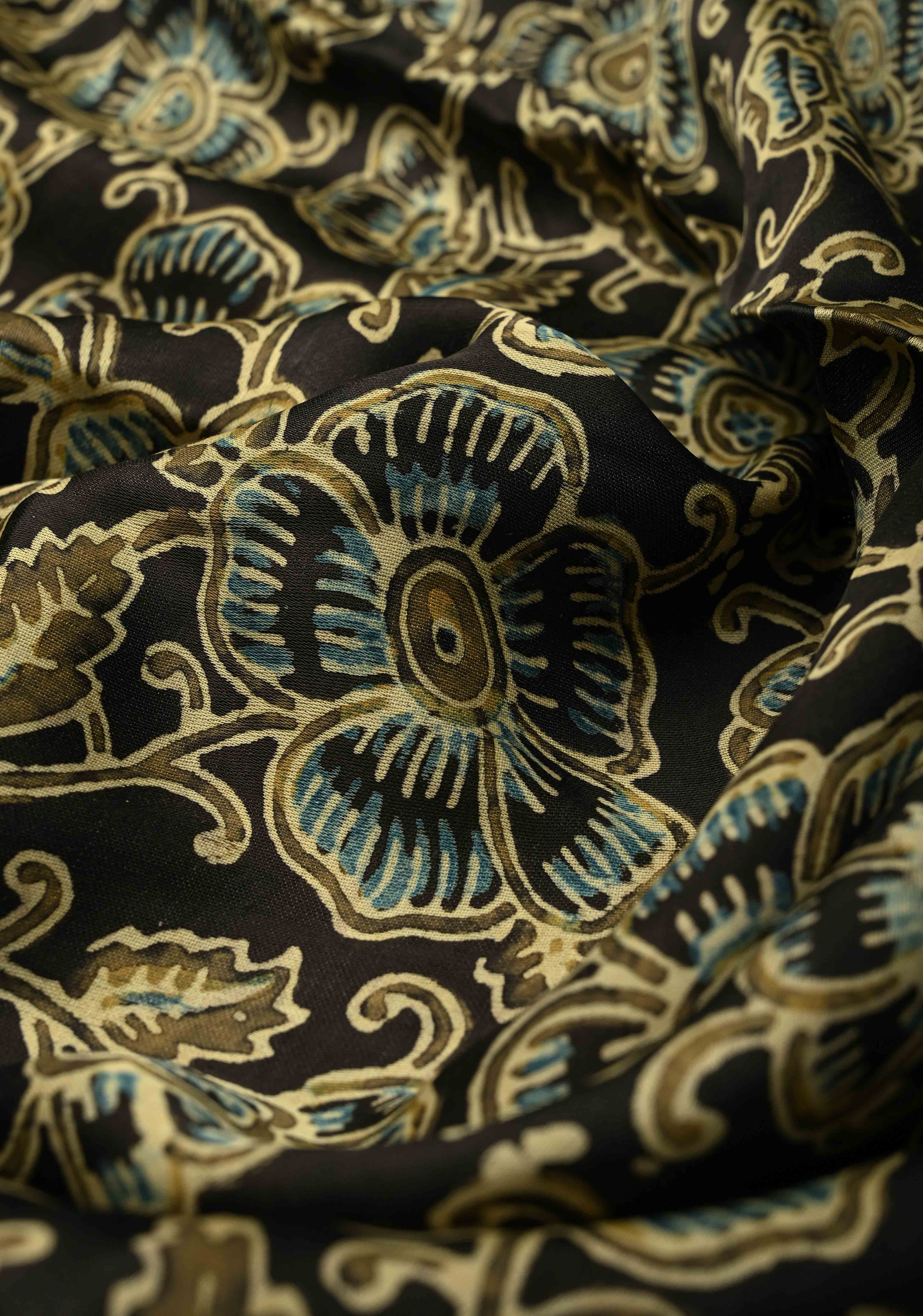 Black Modal Silk Saree with Ajrakh Hand Block Print and Crushed Pallu | Shobitam