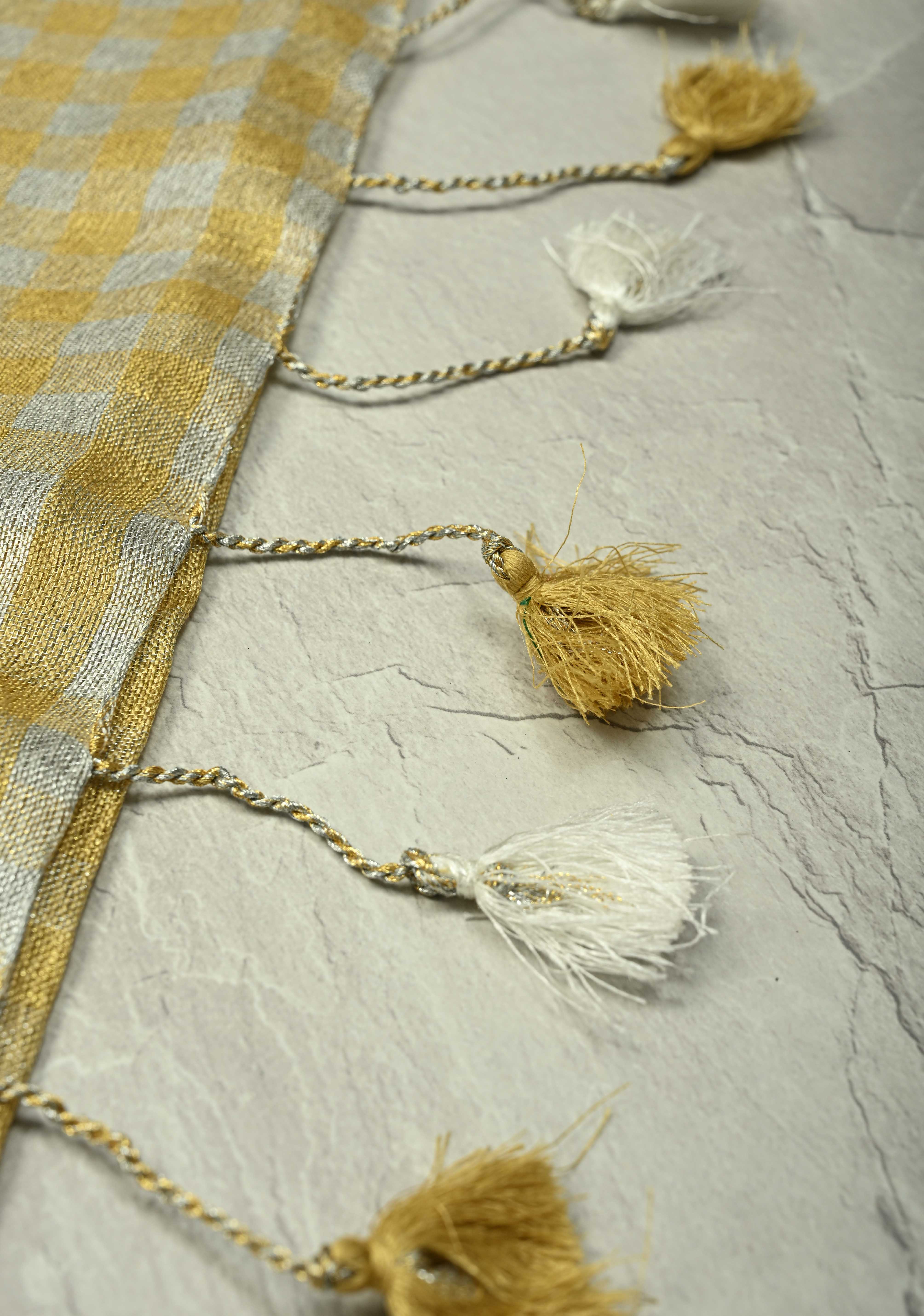 Gold-Silver Alternating Linen and Tissue Saree with Checks Design and Zari Border | Shobitam