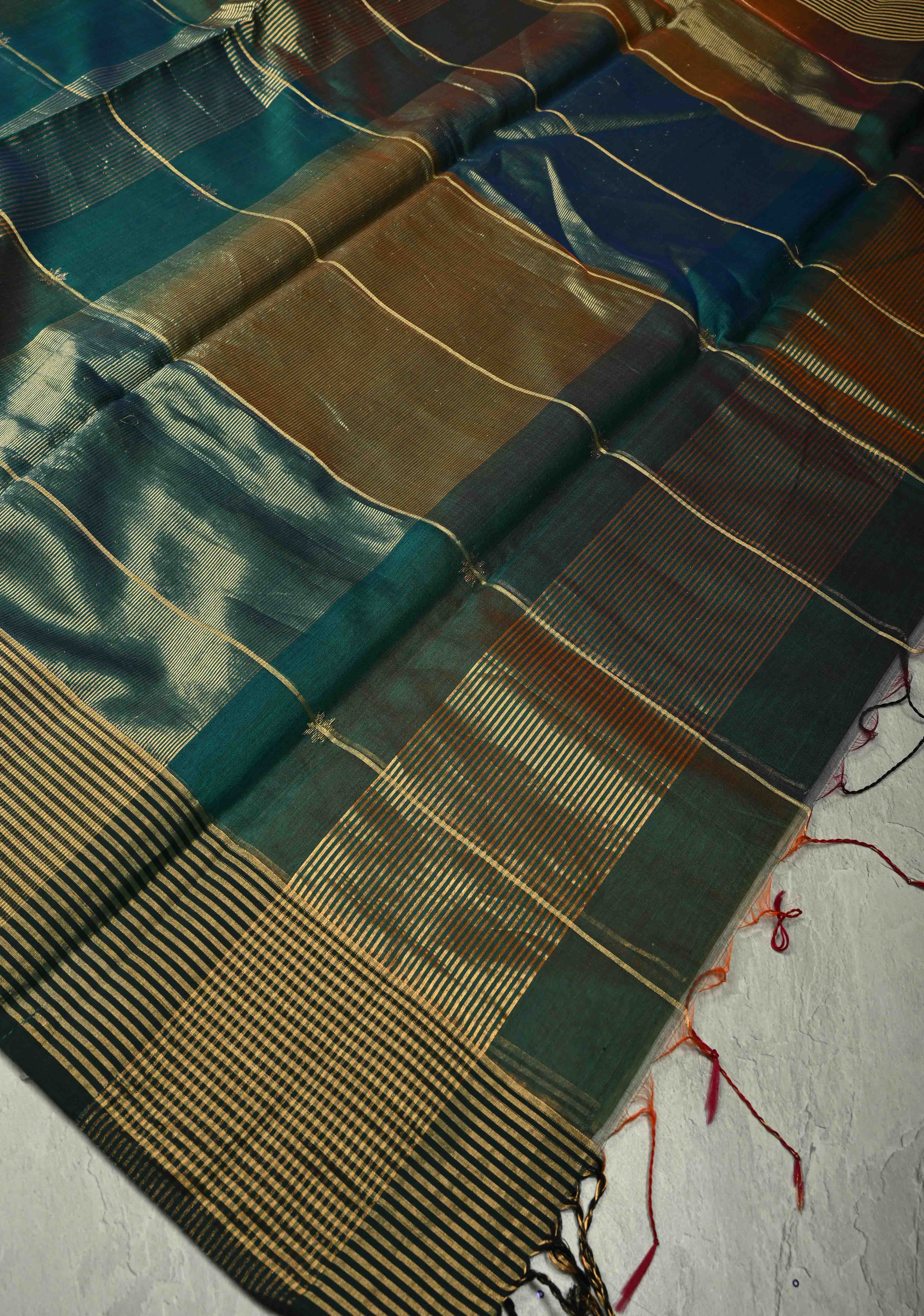 Green-Blue Ombre Handwoven Maheshwari Silk Cotton Saree with Zari Stripes and Zari Border | Shobitam