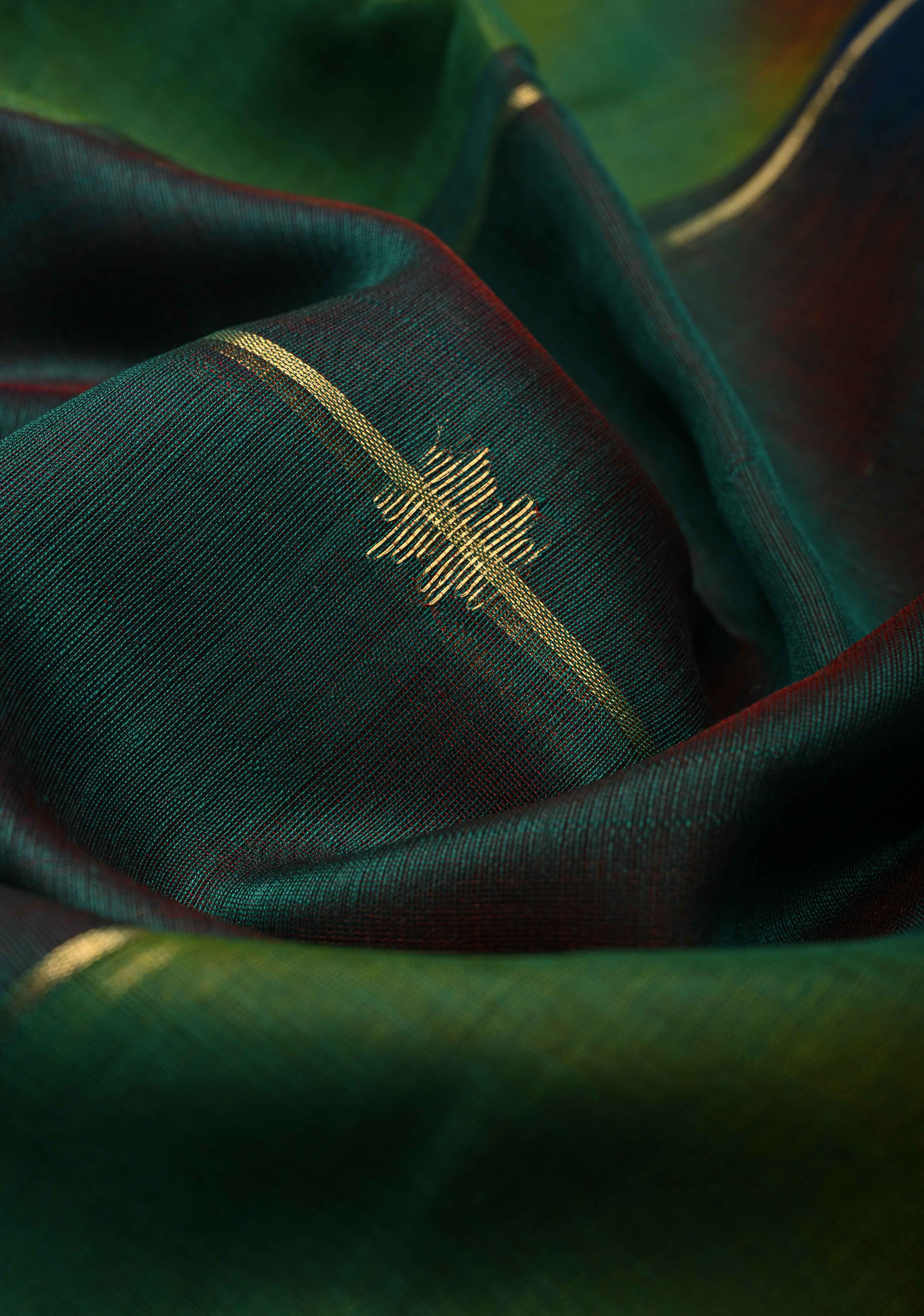 Green-Blue Ombre Handwoven Maheshwari Silk Cotton Saree with Zari Stripes and Zari Border | Shobitam