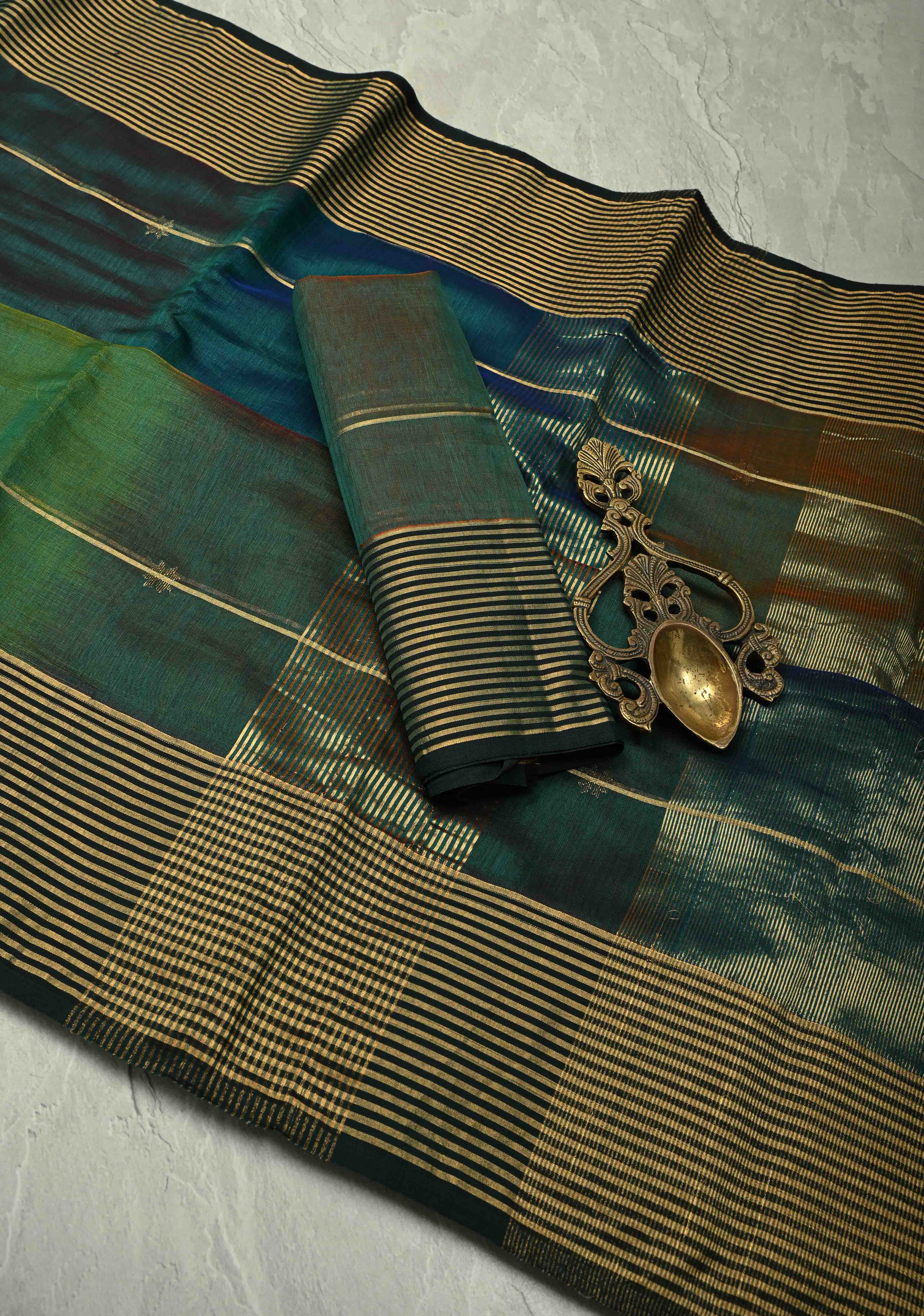 Green-Blue Ombre Handwoven Maheshwari Silk Cotton Saree with Zari Stripes and Zari Border | Shobitam