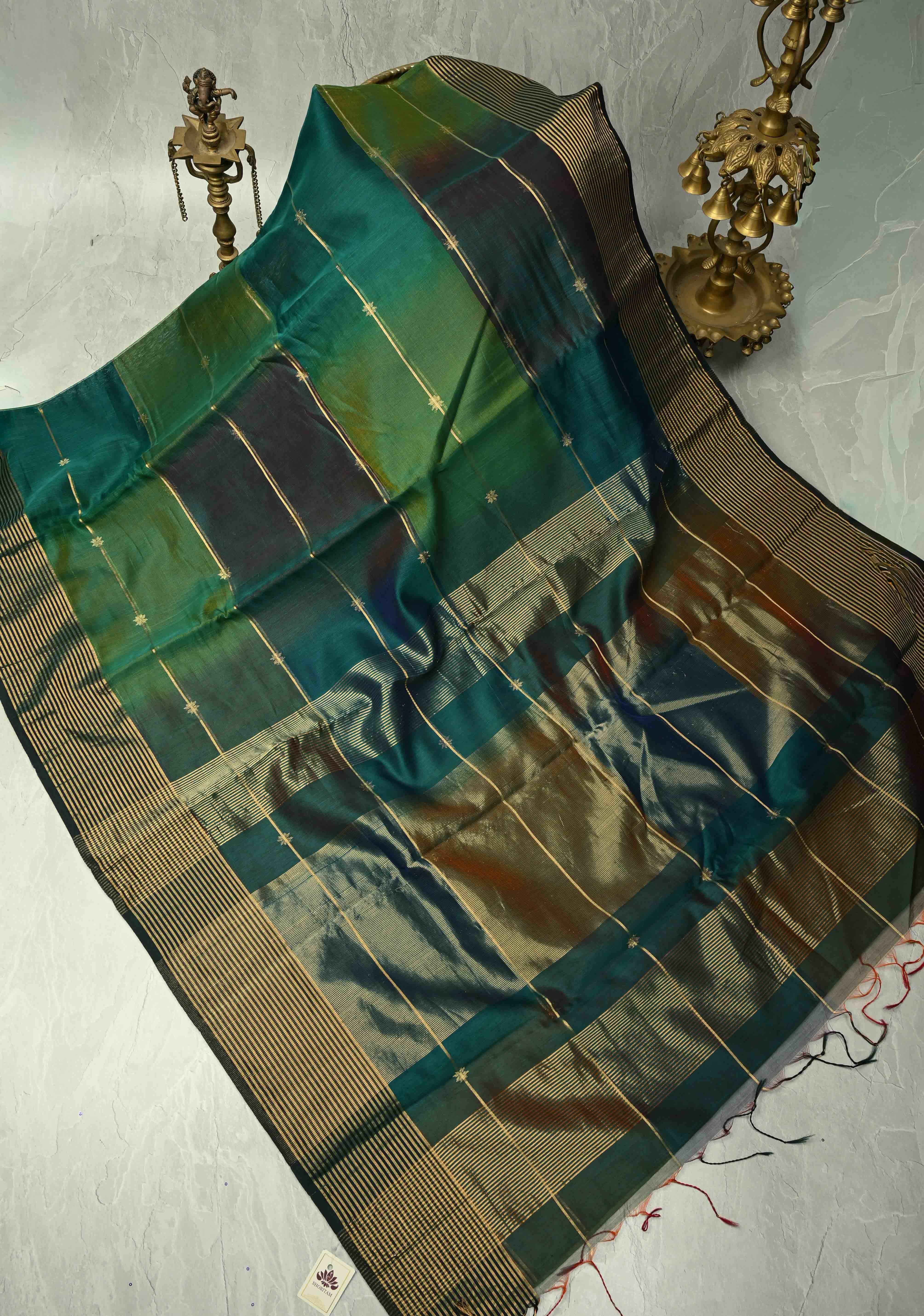 Green-Blue Ombre Handwoven Maheshwari Silk Cotton Saree with Zari Stripes and Zari Border | Shobitam