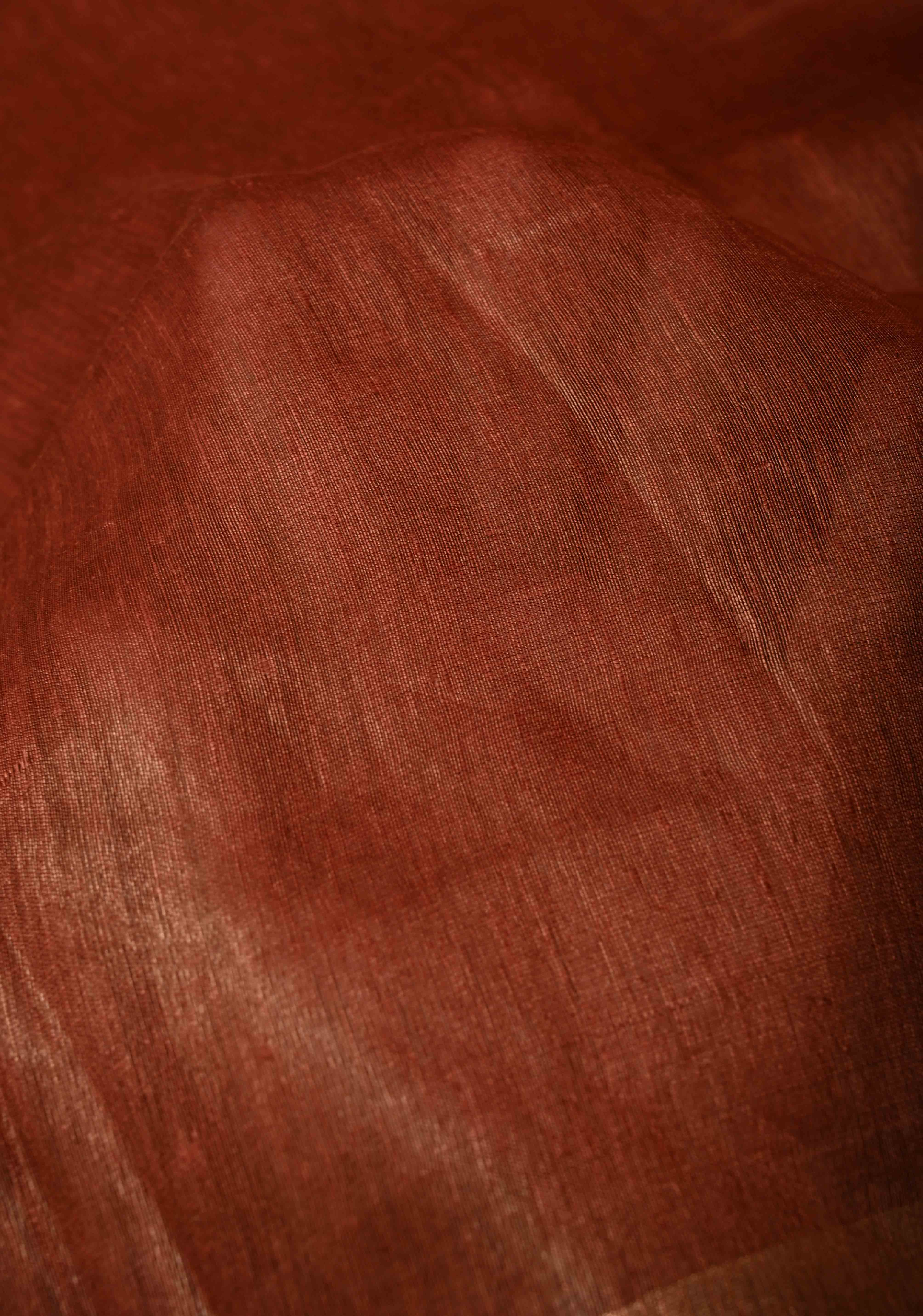 Copper Rust Silk Linen Saree with Muted Tissue Border and Floral Buttas on Pallu | Shobitam