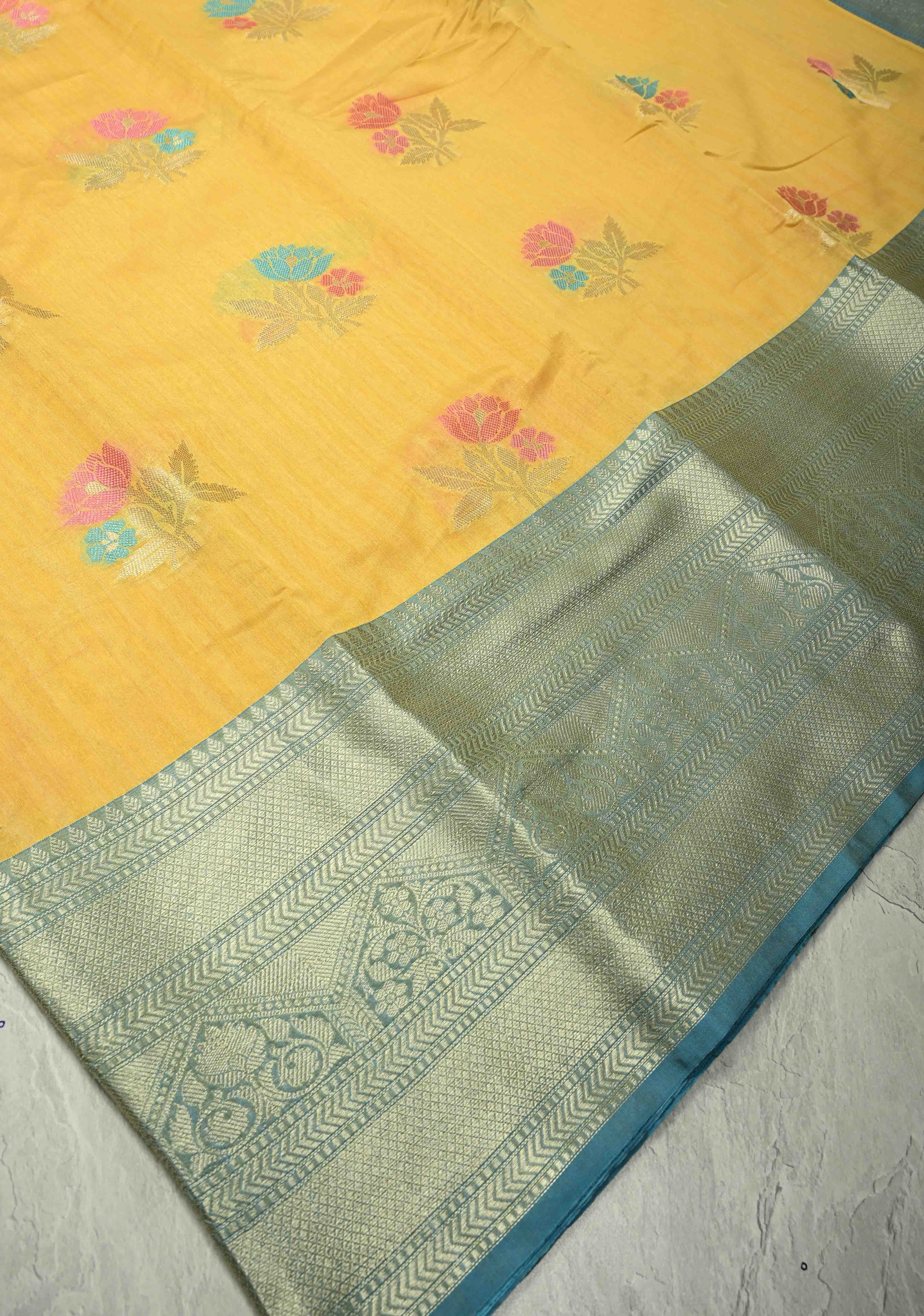 Mango Yellow Banarasi Semi Kora Saree with Meenakari Floral Buttas and Contrast Wide Zari Border | Shobitam