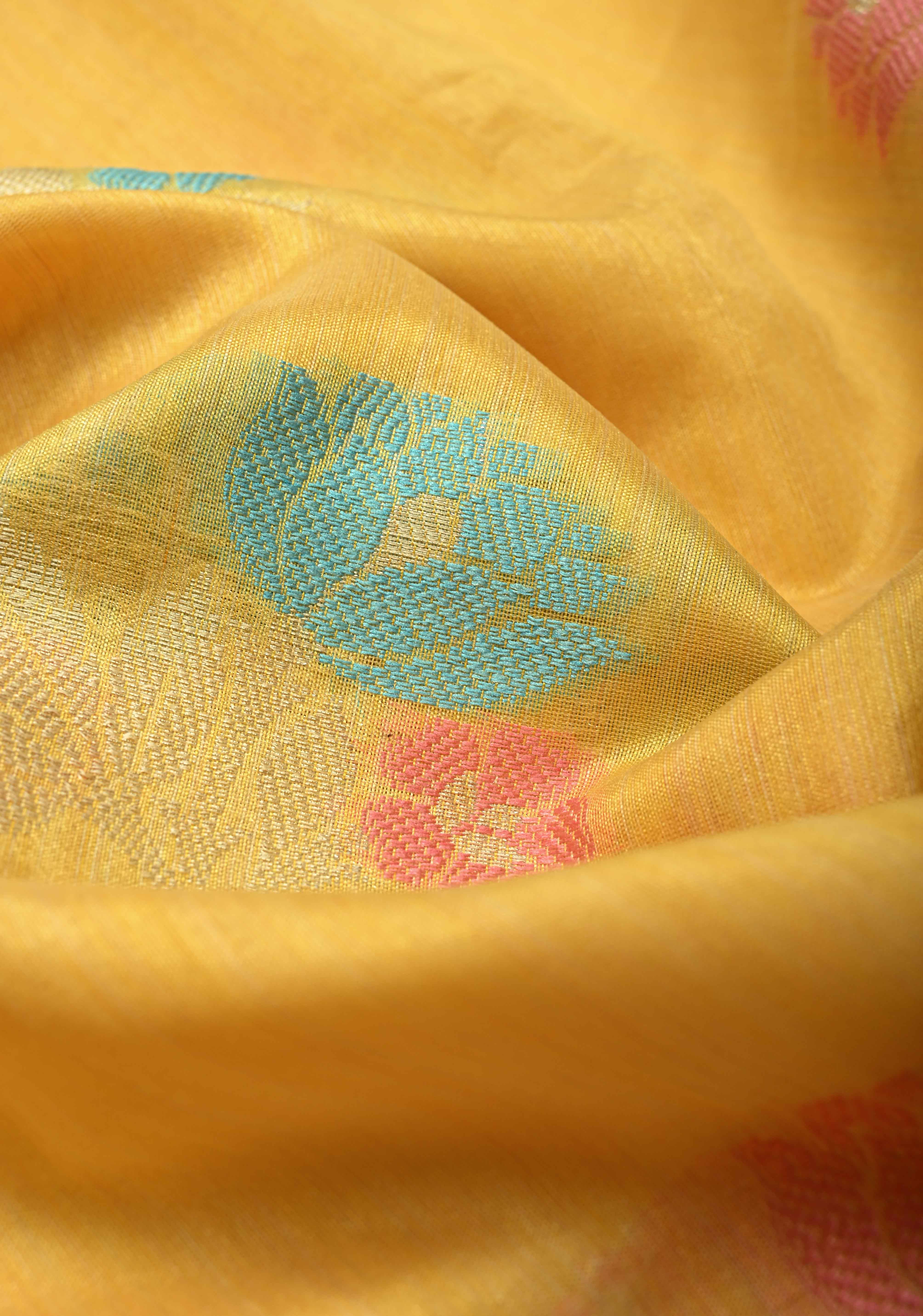 Mango Yellow Banarasi Semi Kora Saree with Meenakari Floral Buttas and Contrast Wide Zari Border | Shobitam