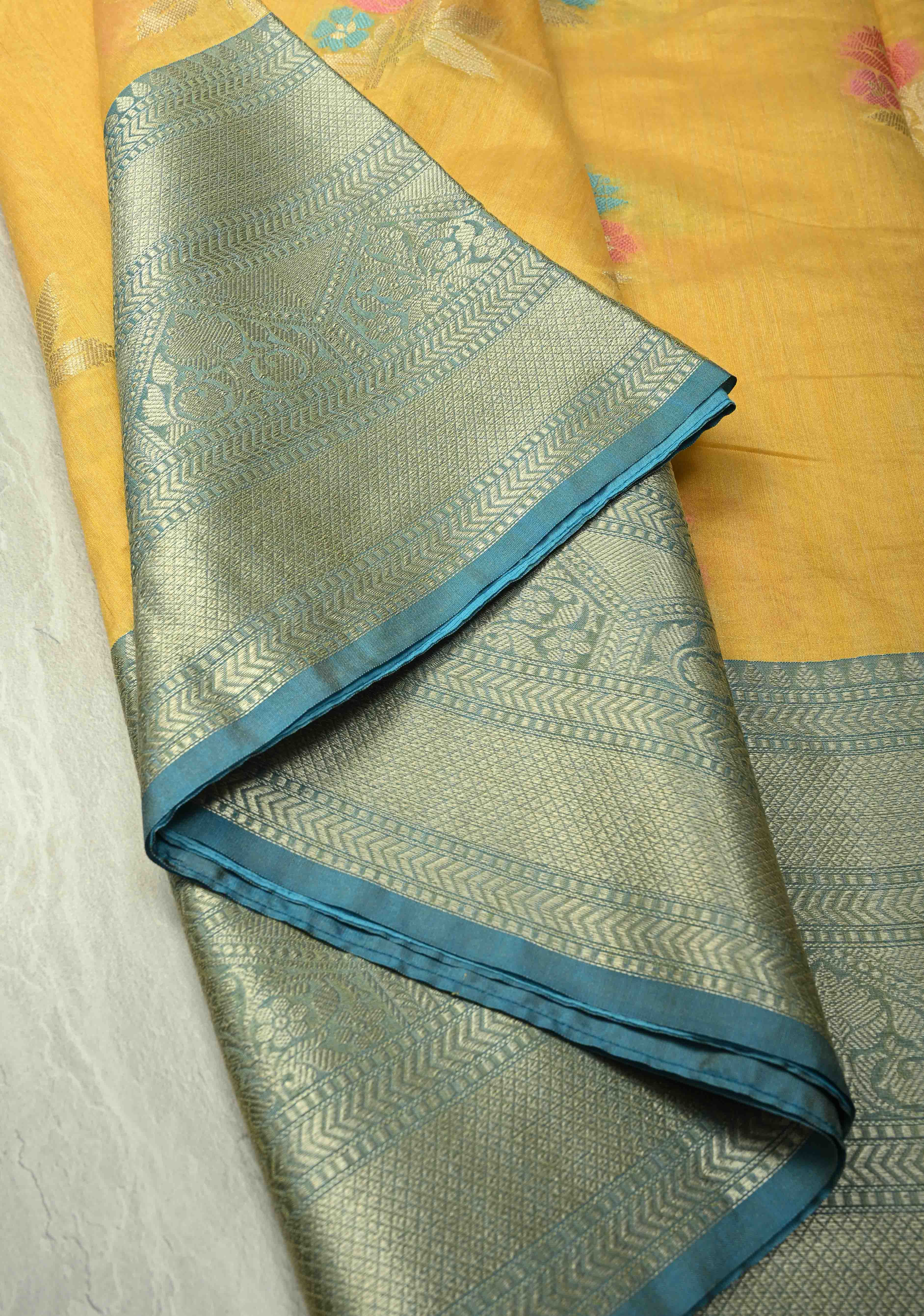 Mango Yellow Banarasi Semi Kora Saree with Meenakari Floral Buttas and Contrast Wide Zari Border | Shobitam