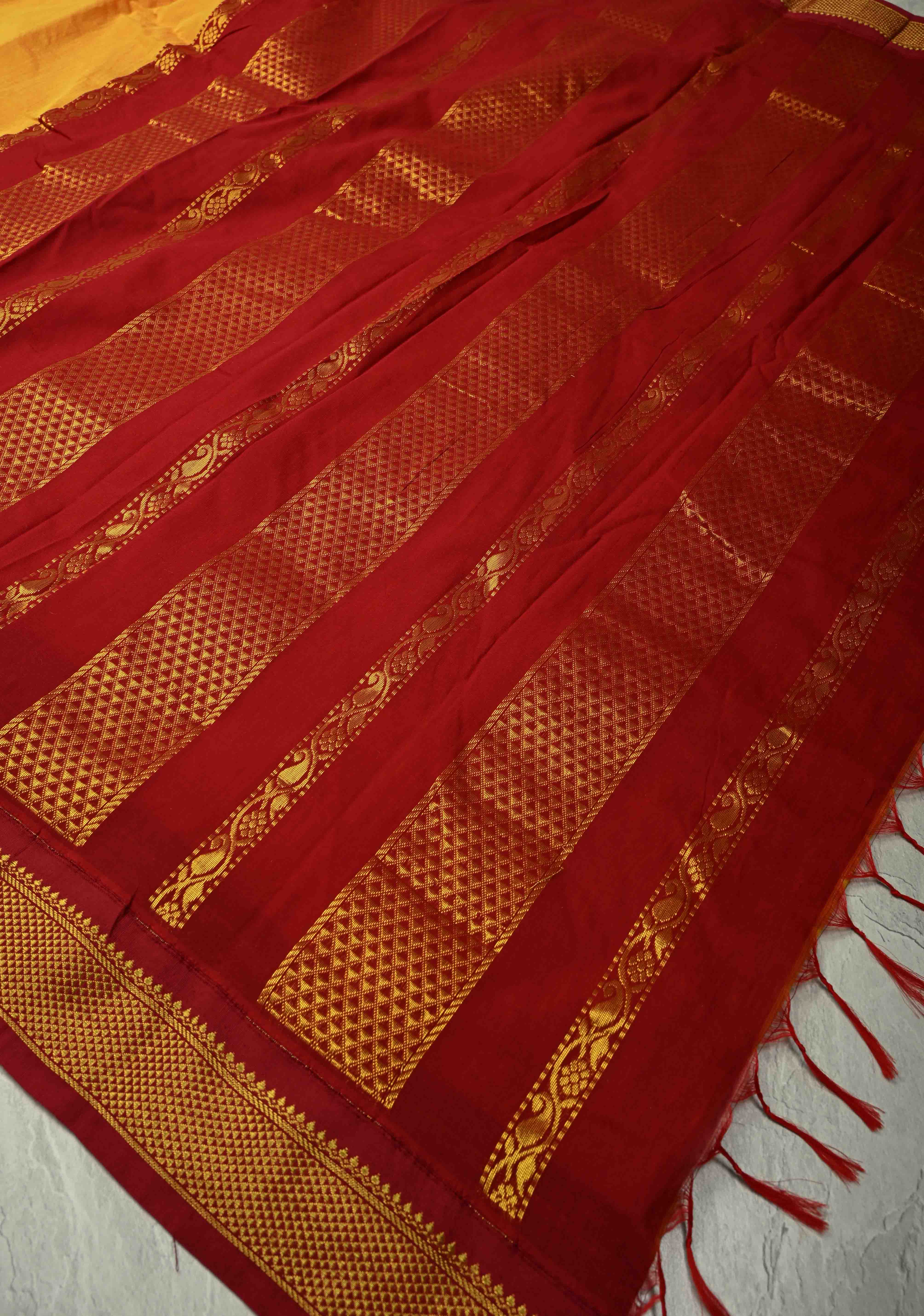 Haldi Yellow Korvai Silk Cotton Handloom Saree with Contrast Zari Border | Shobitam