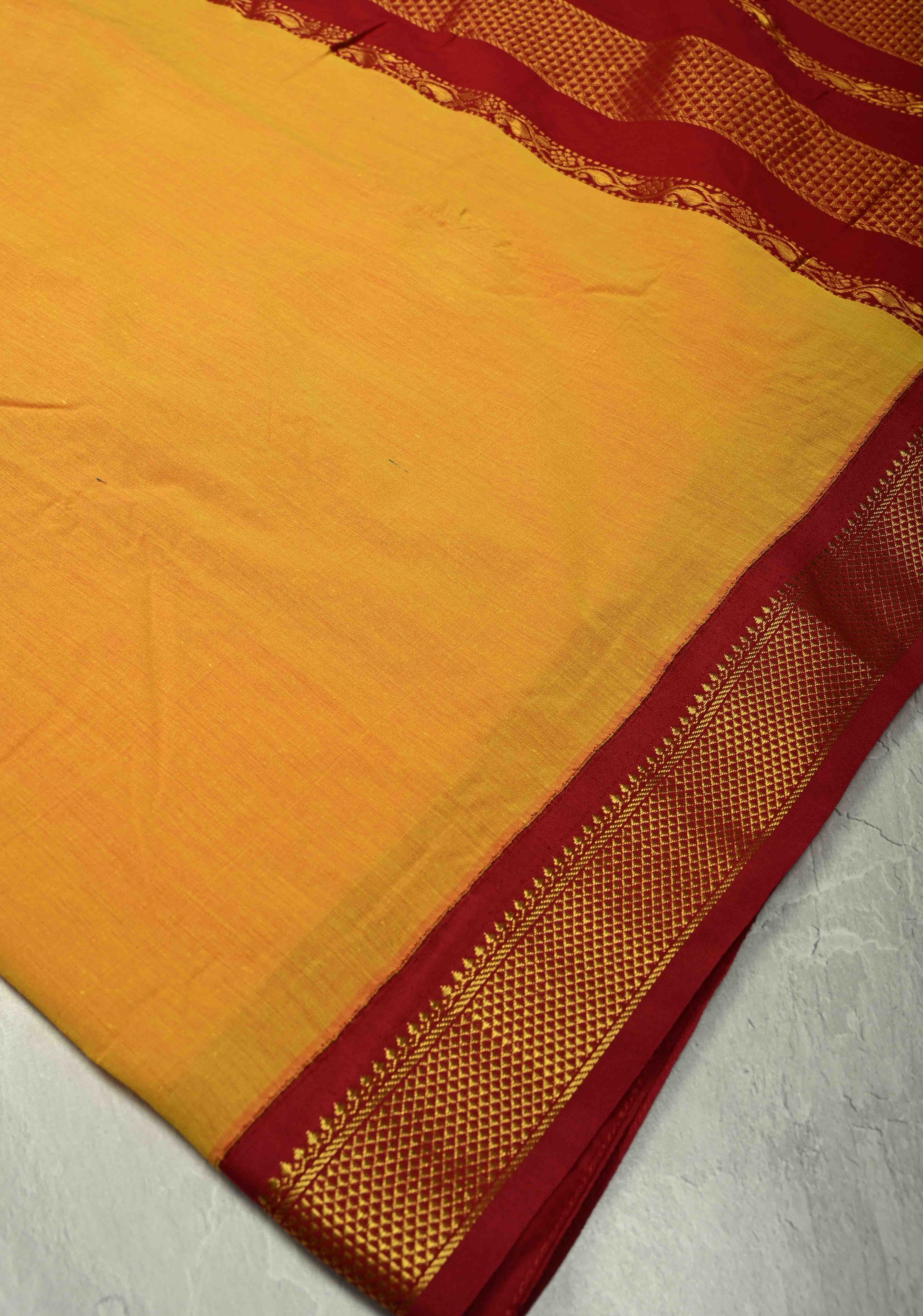 Haldi Yellow Korvai Silk Cotton Handloom Saree with Contrast Zari Border | Shobitam
