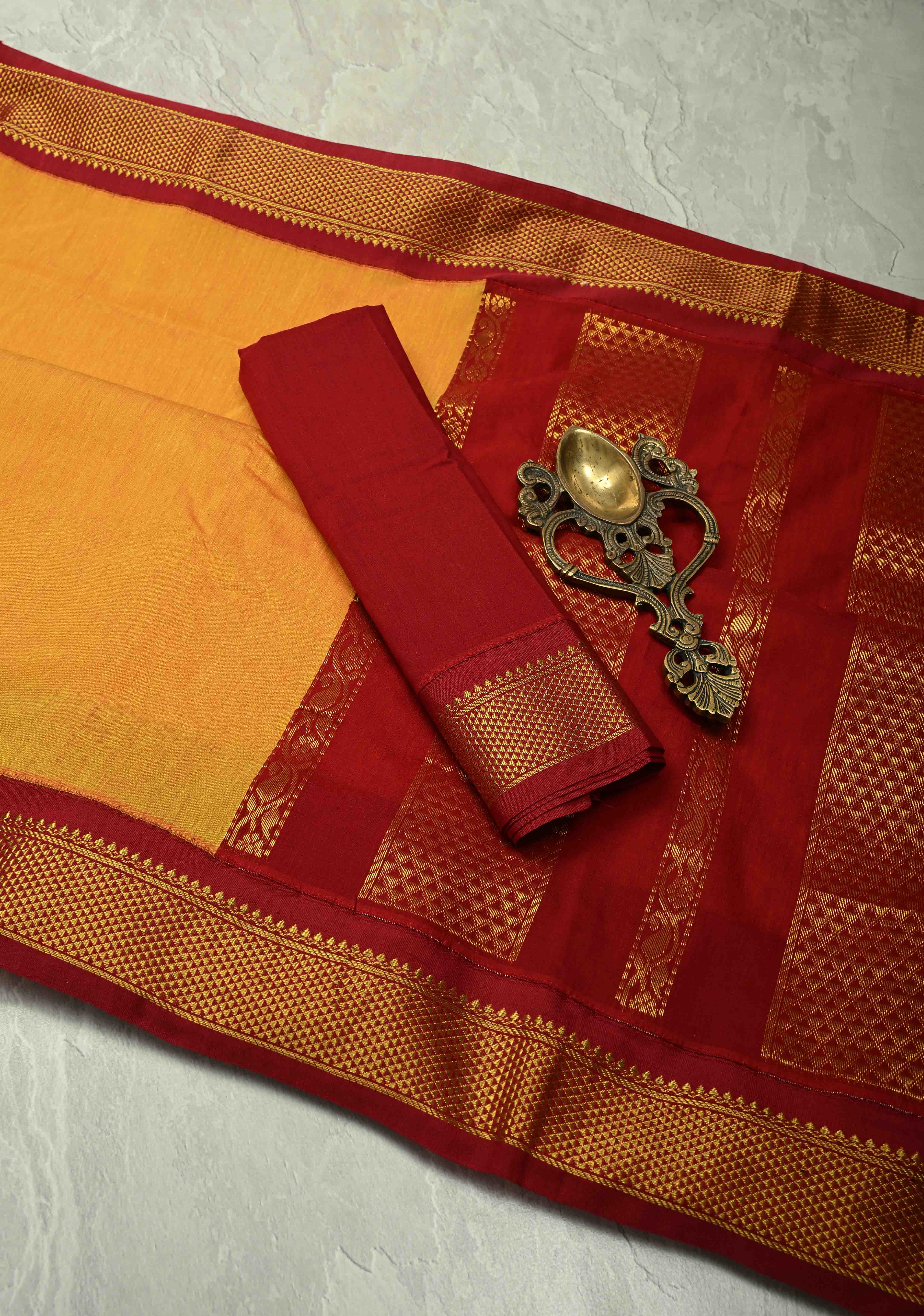 Haldi Yellow Korvai Silk Cotton Handloom Saree with Contrast Zari Border | Shobitam