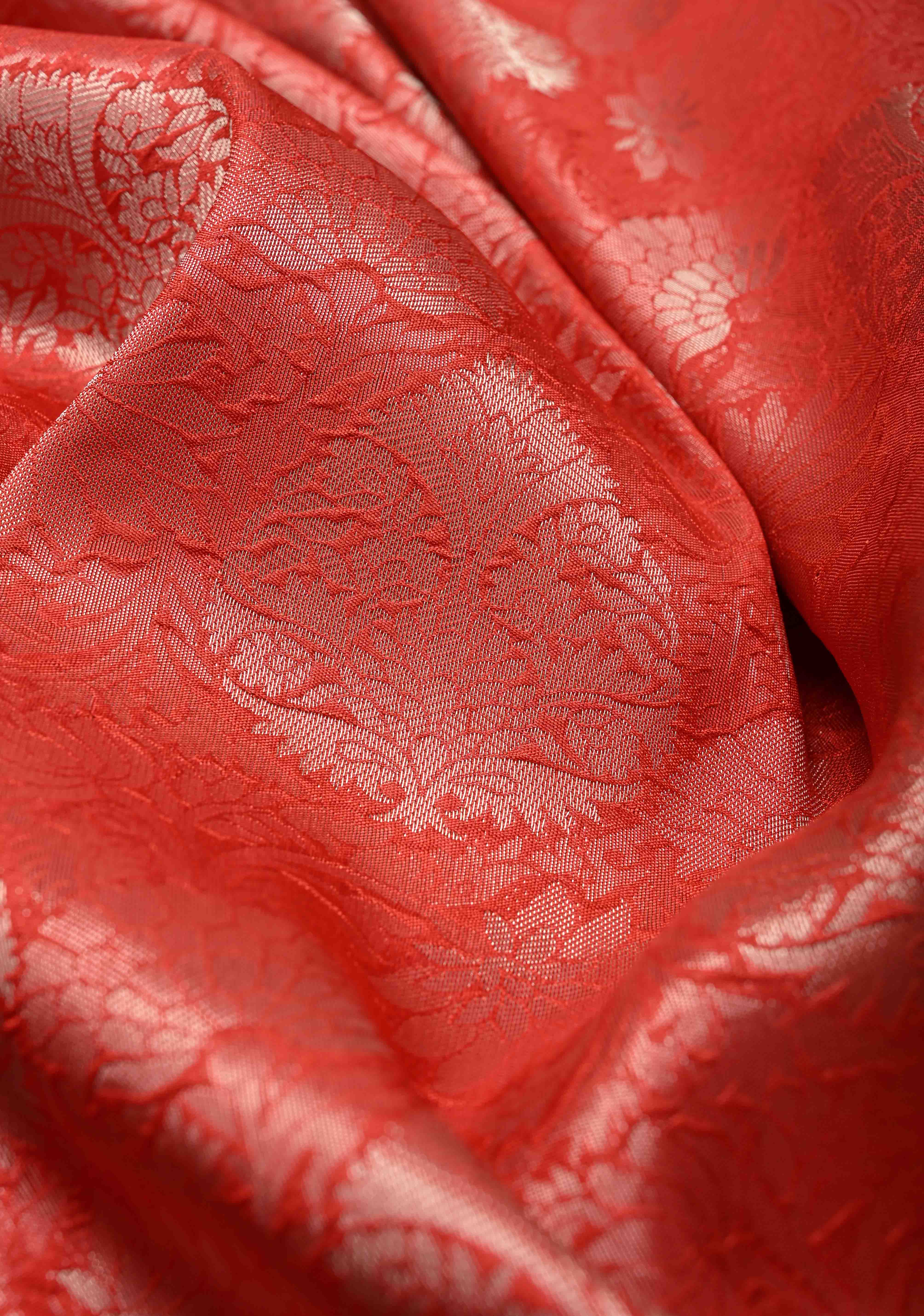 Scarlet Red Semi Tussar Tissue Saree with Floral Brocade and Zari Border