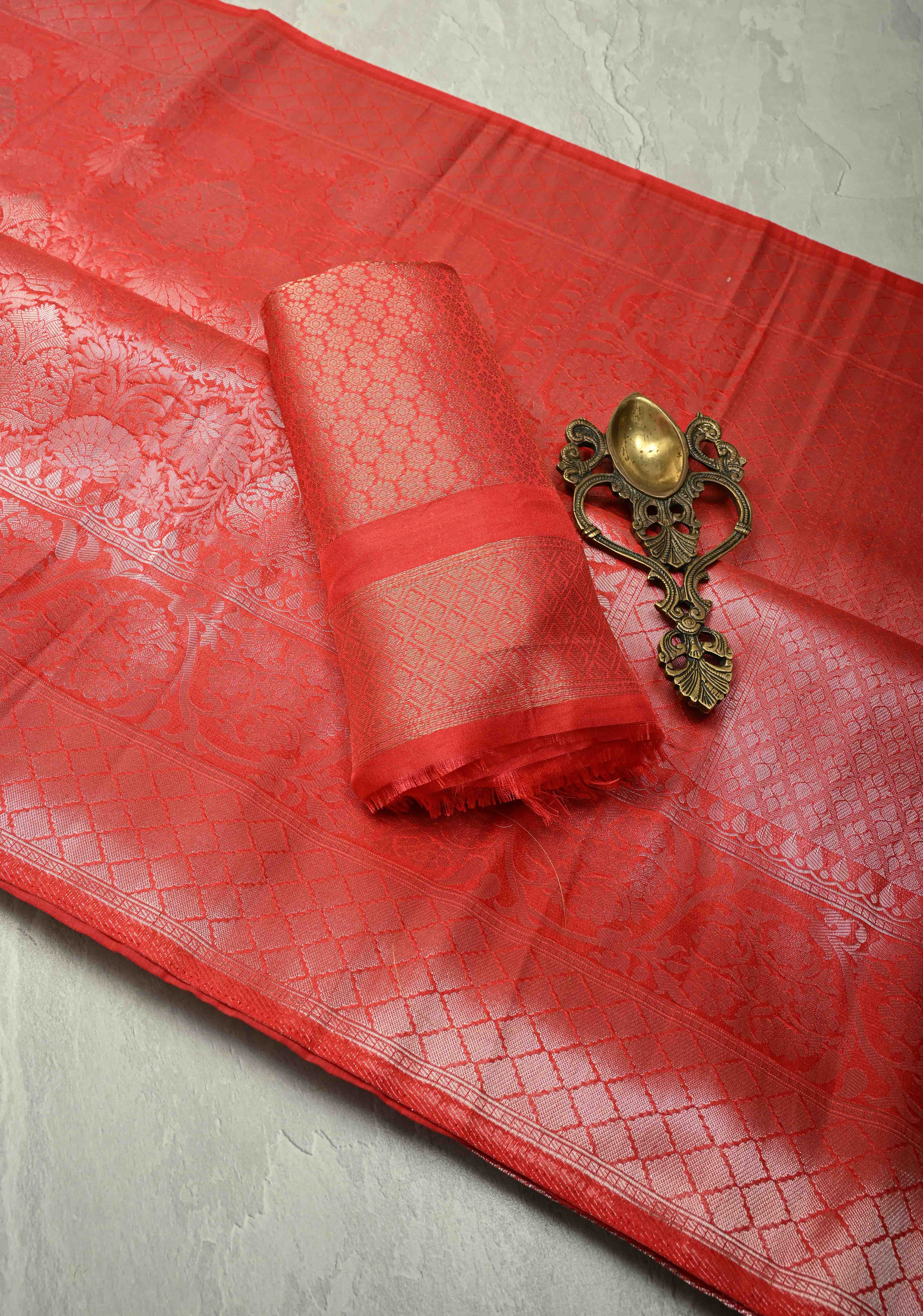 Scarlet Red Semi Tussar Tissue Saree with Floral Brocade and Zari Border