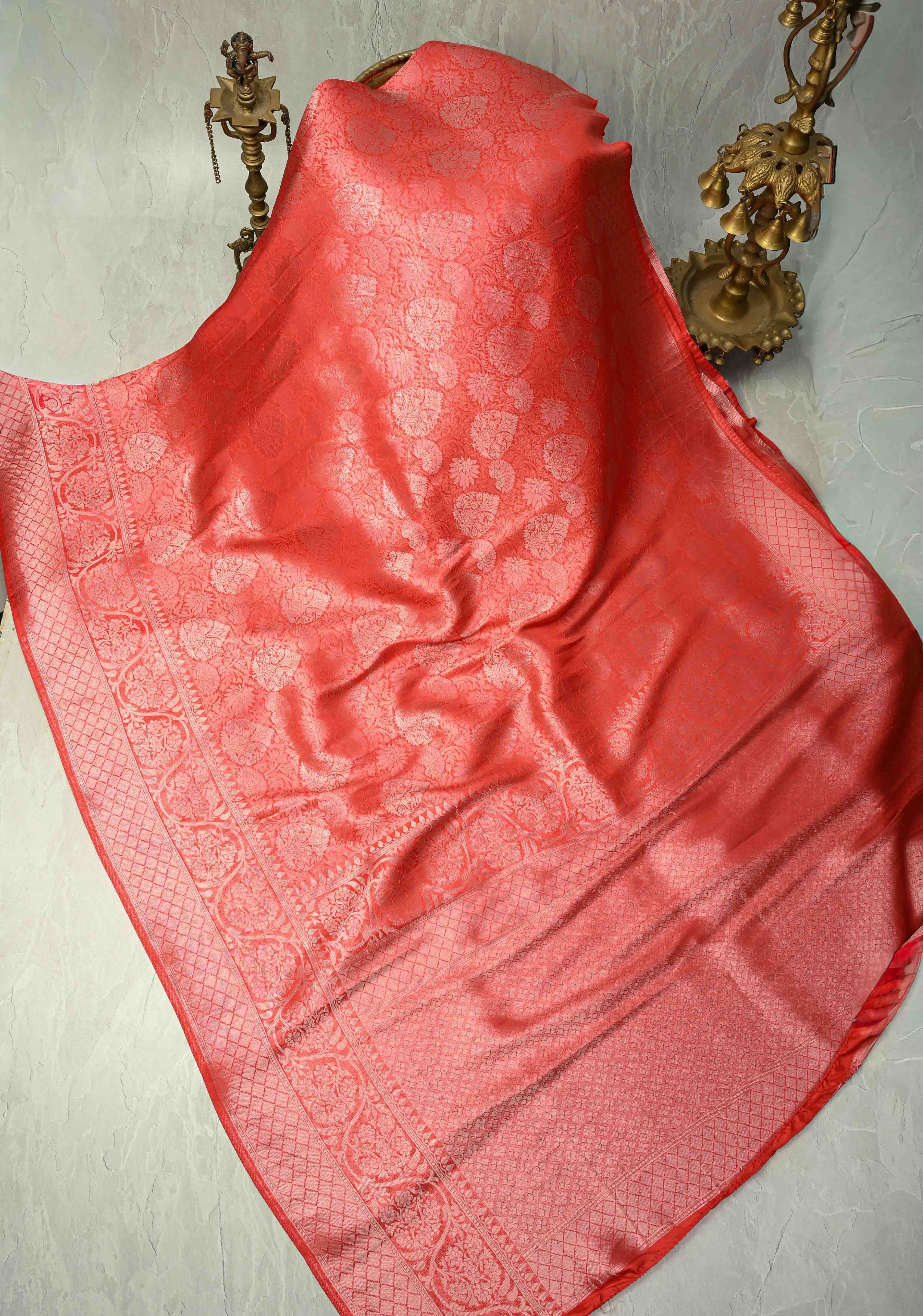 Scarlet Red Semi Tussar Tissue Saree with Floral Brocade and Zari Border