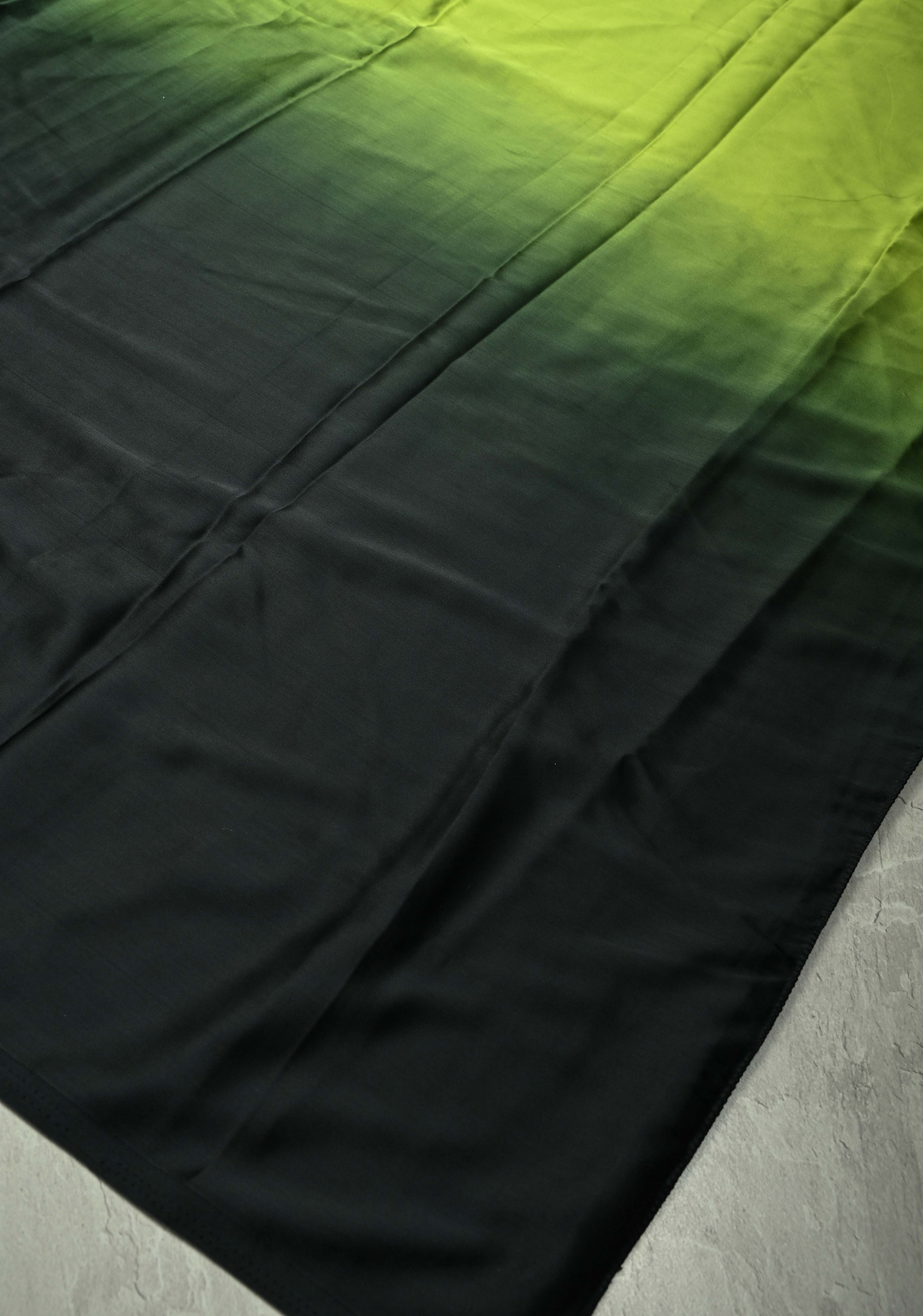Chartreuse and Black Ombre Pleated Satin Saree , No Blouse Piece | Shobitam