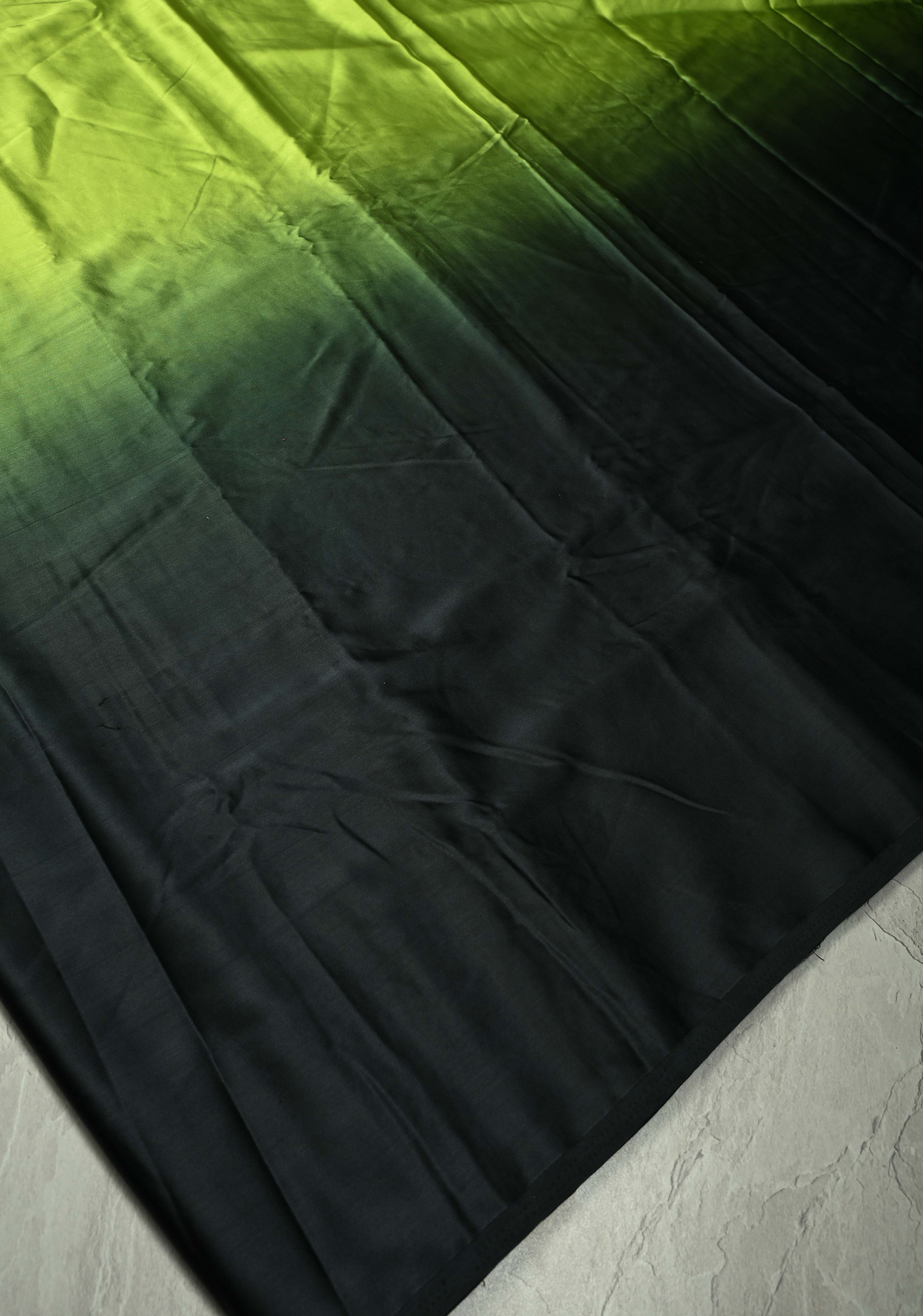 Chartreuse and Black Ombre Pleated Satin Saree , No Blouse Piece | Shobitam