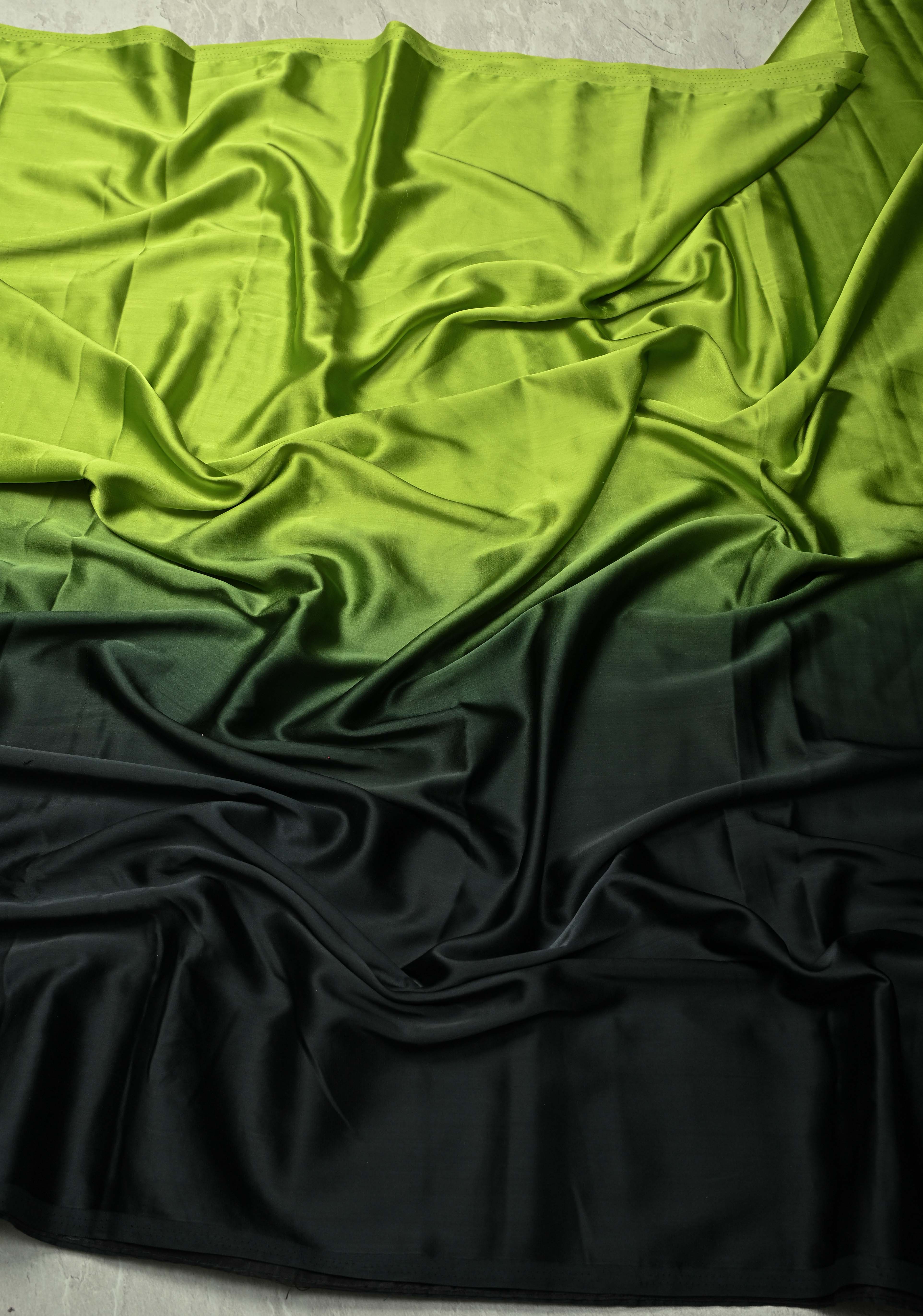 Chartreuse and Black Ombre Pleated Satin Saree , No Blouse Piece | Shobitam