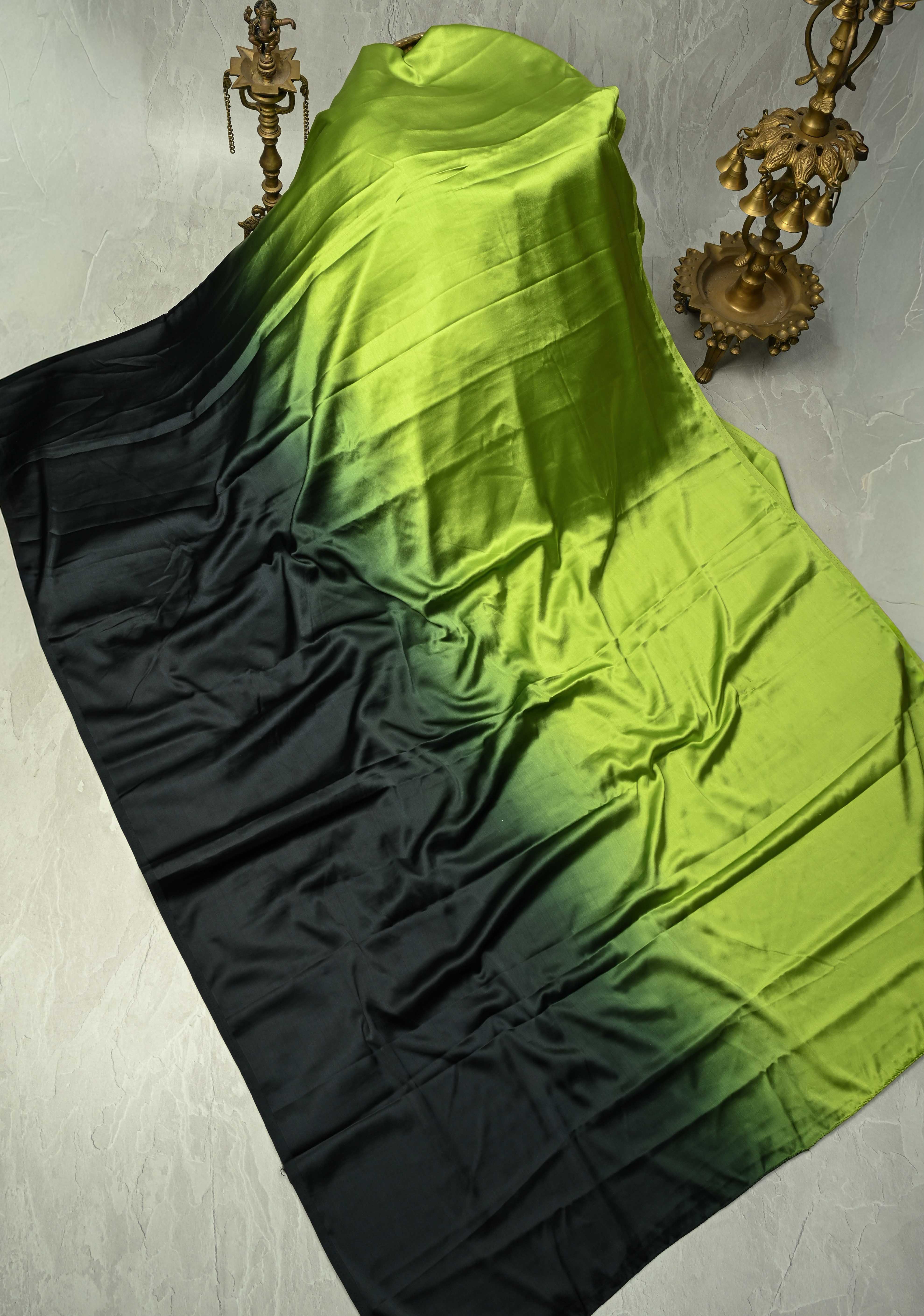 Chartreuse and Black Ombre Pleated Satin Saree , No Blouse Piece | Shobitam