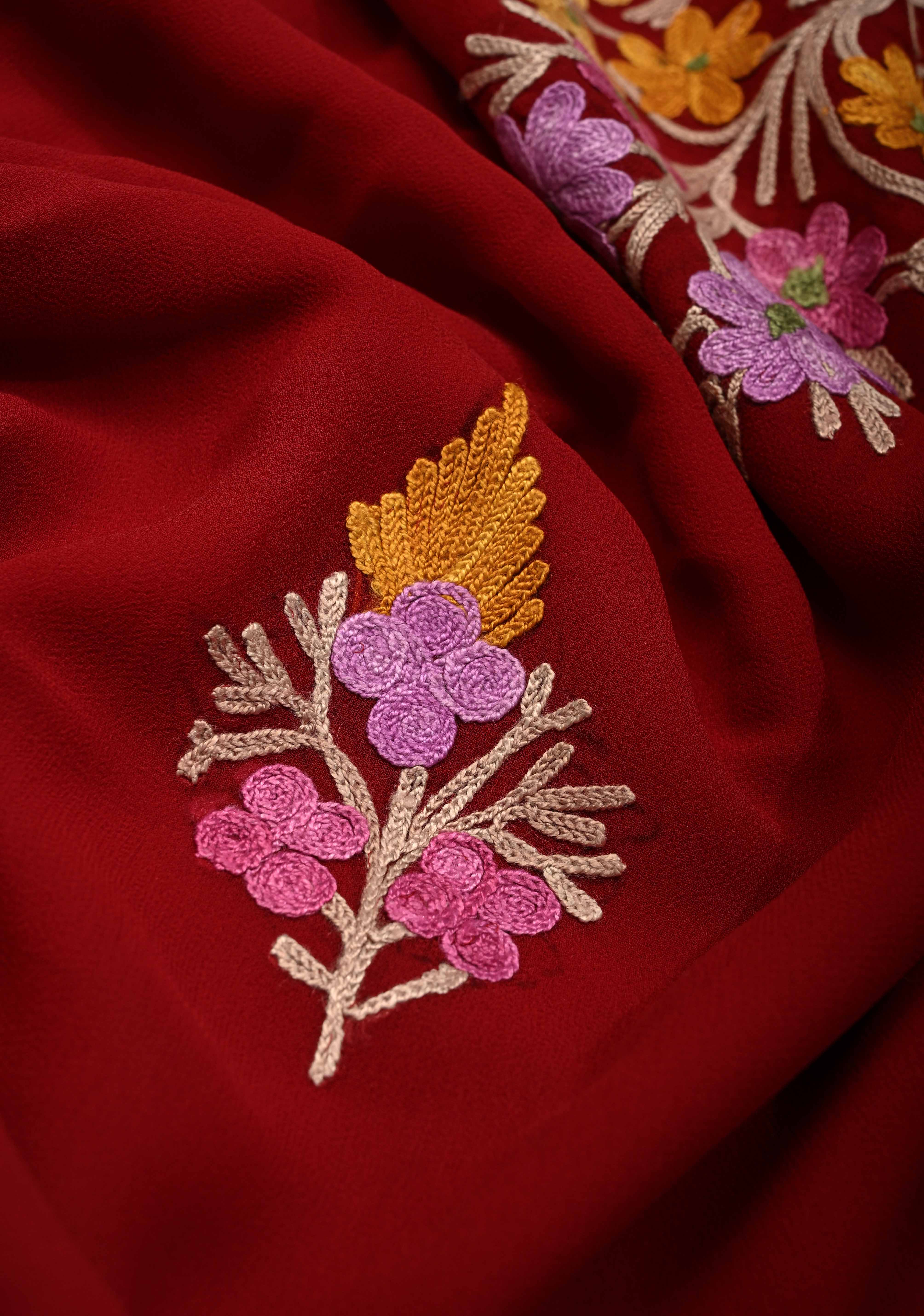 Burgandy Kashmiri Aari Georgette Saree with Floral Embroidery | Shobitam