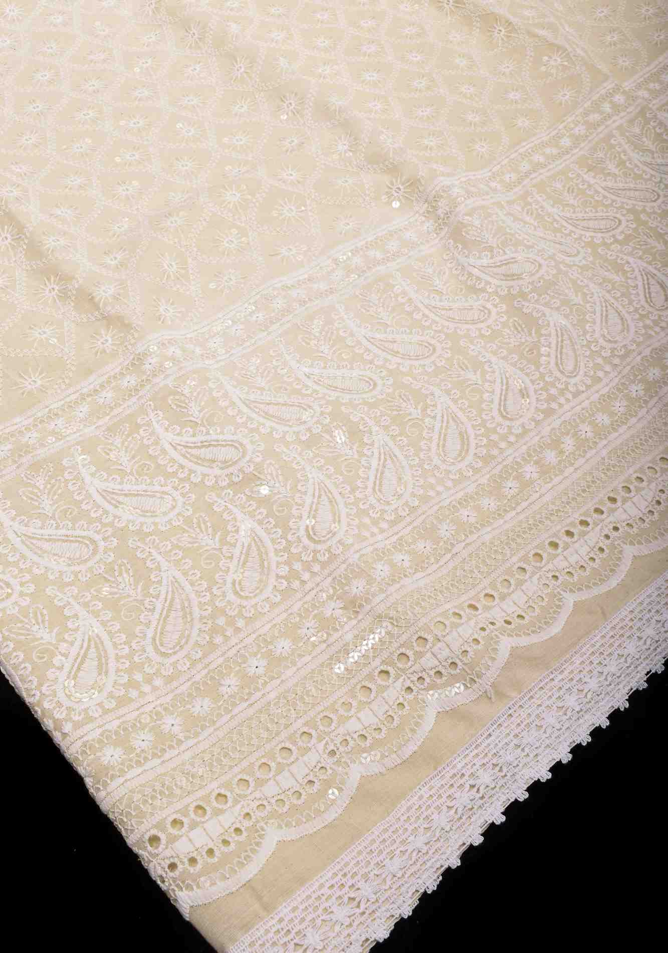 Beige Cotton Saree with Embroidery and lace Border Wrap in 1 minute saree