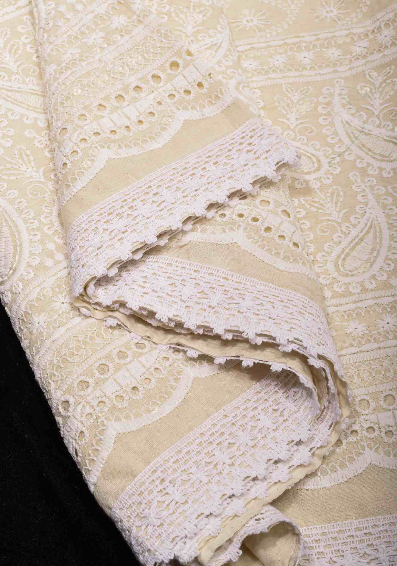 Beige Cotton Saree with Embroidery and lace Border Wrap in 1 minute saree