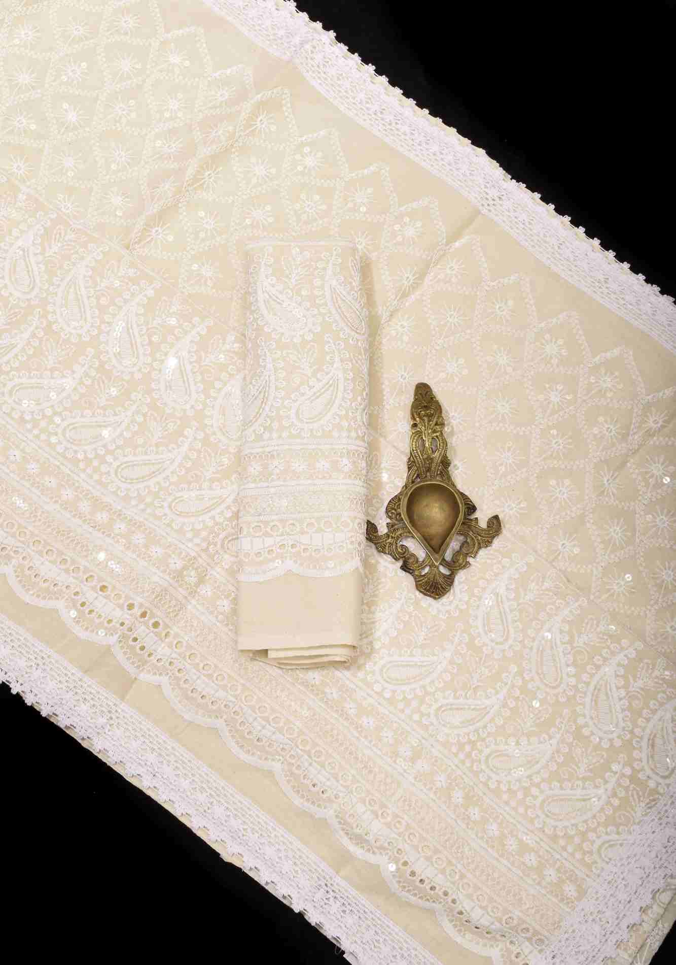 Beige Cotton Saree with Embroidery and lace Border Wrap in 1 minute saree